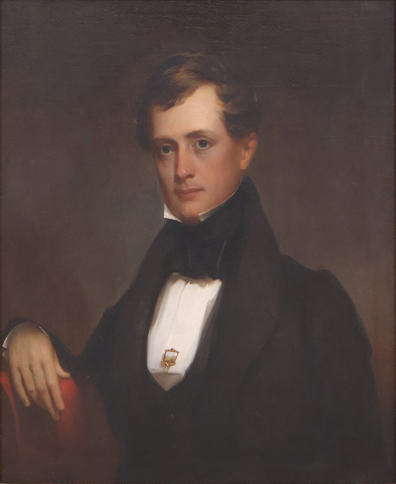Portrait of a Gentleman with Landscape Pin, Oil on Canvas: Portrait of a Gentleman with Landscape Pin Oil on Canvas American, 19th C. appears to be unsigned. Sight: 29 1/2 x 24 1/4 in. (74.9 x 61.6 cm.), Frame: 37 x 32 in. (94 x 81.3 cm.)