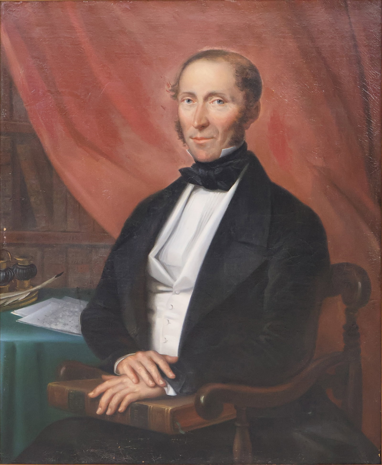 Louis Alexis Lecerf, 1787, Portrait of a Gentleman Holding "Voyages de Cook", Oil on Canvas: Louis Alexis Lecerf 1787 Portrait of a Gentleman Holding "Voyages de Cook" Oil on Canvas Signed on left side on bookshelf, dated 1858. Sight: 36 x 28 1/2 in. (91.4 x 72.4 cm.), Frame: 43 1/2 x 36 in. 