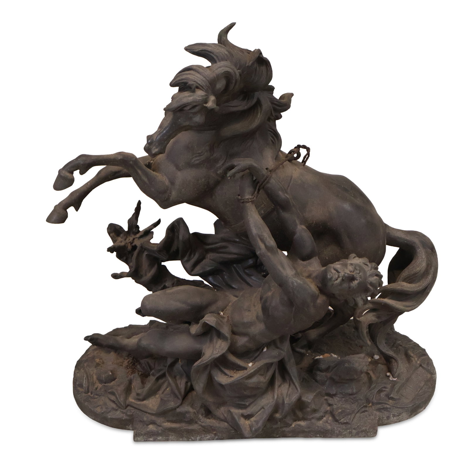 Philippe Poitevin, 1831-1907, Wild Horse with Tamer, Bronze Sculpture: Philippe Poitevin 1831-1907 Wild Horse with Tamer Bronze Sculpture Signed on base. Leg is cracked. 22 1/2 x 22 1/2 x 8 in. (57.2 x 57.2 x 20.3 cm.)