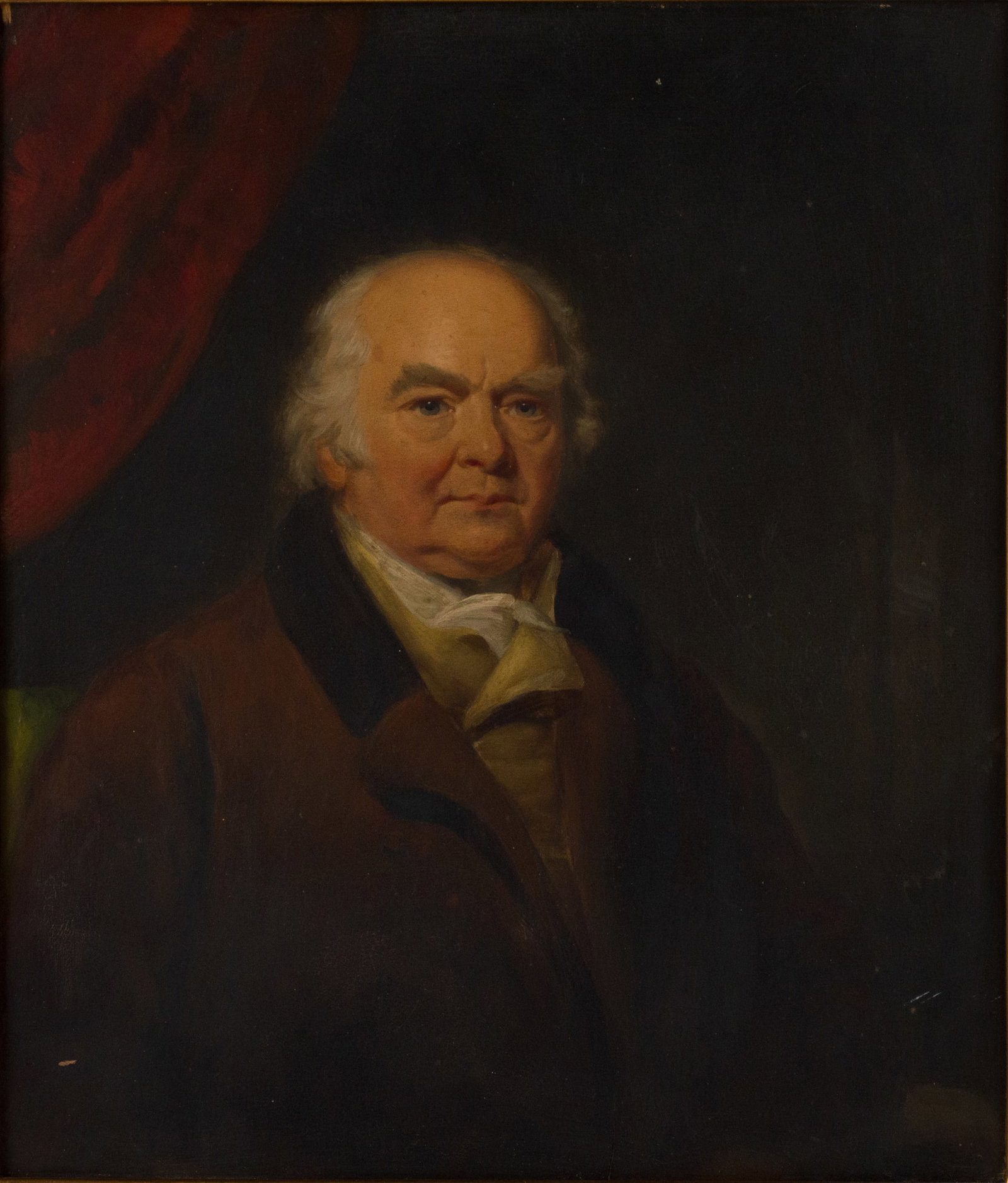 Portrait of Man in Front of a Curtain, Oil on Board: Portrait of Man in Front of a Curtain Oil on Board European, 19th C. appears to be unsigned. Sight: 11 1/2 x 9 3/4 in. (29.2 x 24.8 cm.), Frame: 20 1/4 x 18 1/2 in. (51.4 x 47 cm.)
