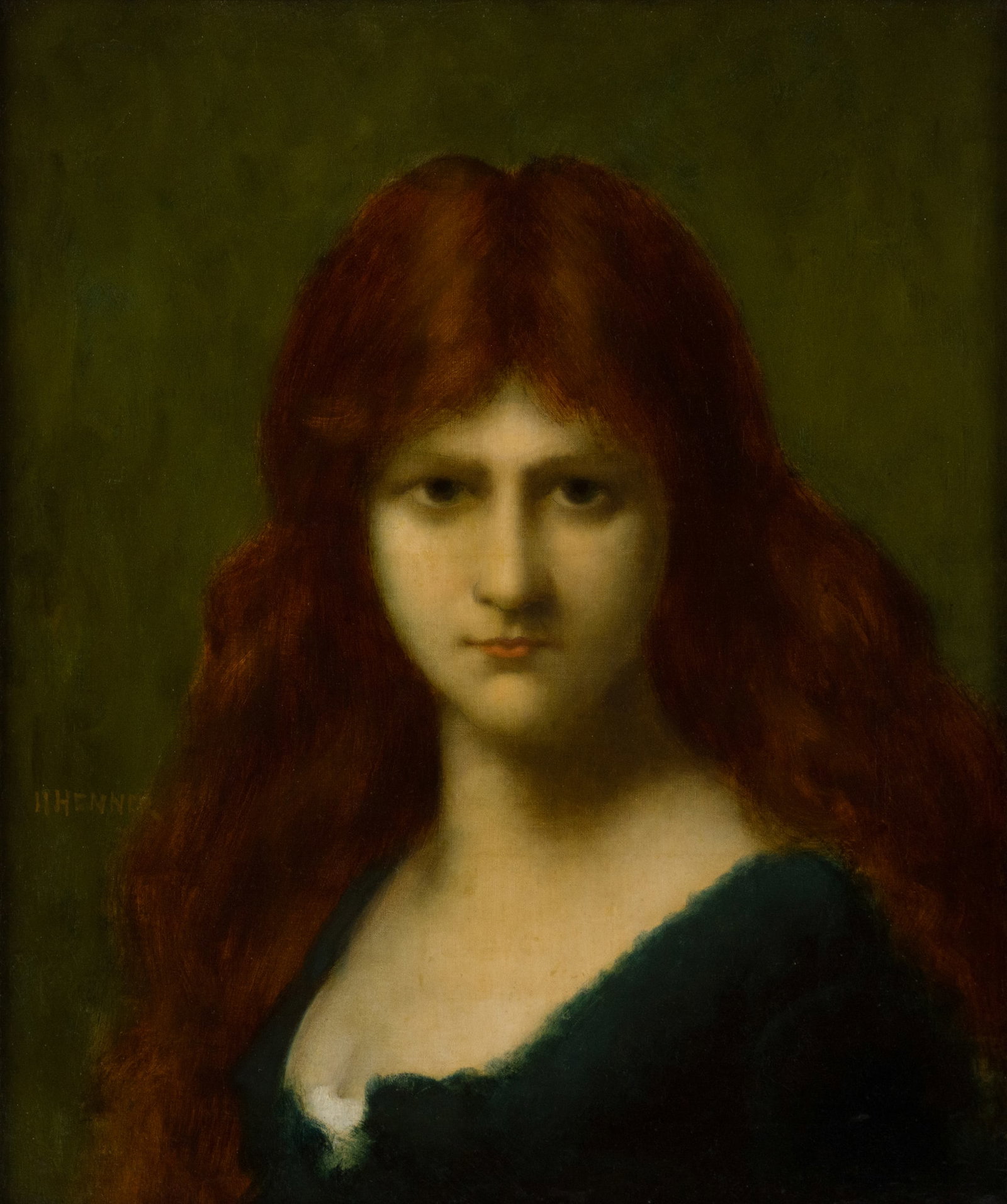 Jean-Jacques Henner, French 1829-1905, Portrait of Woman with Red Hair, Oil on Canvas: Jean-Jacques Henner French 1829-1905 Portrait of Woman with Red Hair Oil on Canvas Signed left side "H. Henner". Painting refreshed by Northeast Painting Conservation in Maine in 2026. Sight: 17 3/4 x