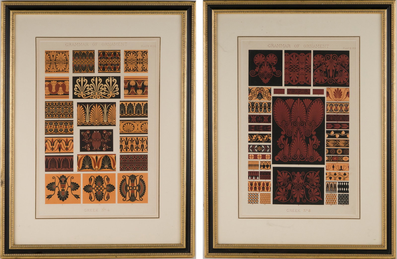 Owen Jones, 1809-1874, Grammar of Ornament, Lithograph: Owen Jones 1809-1874 Grammar of Ornament Lithograph Greek No. 4 and Greek No. 5. Sight: 20 3/4 x 13 1/2 in. (52.7 x 34.3 cm.), Frame: 30 1/2 x 22 3/4 in. (77.5 x 57.8 cm.)