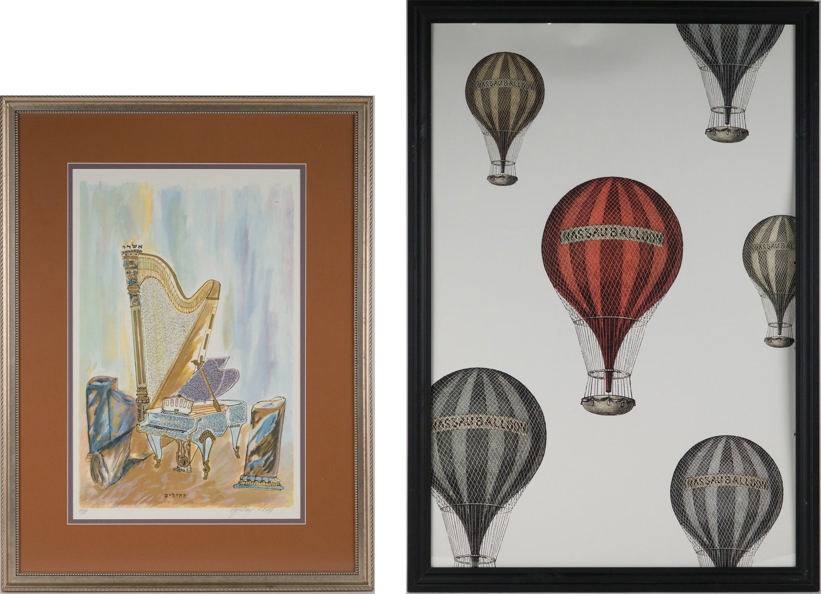 Azoulay Levy, Psalm of David, Lithograph: Azoulay Levy Psalm of David Lithograph Signed in pencil l.r. and numbered 192/350. Together with a print of hot air balloons. Sights: 23"h x 14"w and 35 3/4"h x 23 1/2"w, Frames: 32 3/4"h x 24 1/2"w a