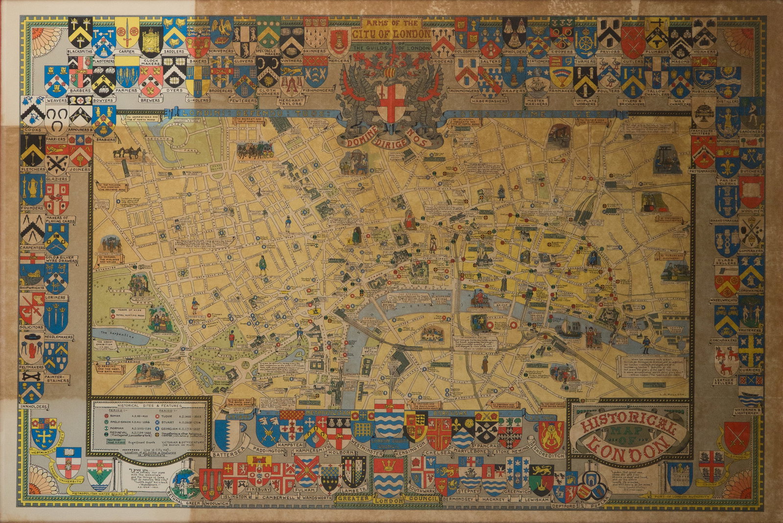 Historical Map of London, Print: Historical Map of London Print By the notable cartographer and pictorial map artist Leslie George Bullock (1895-1971) Sight: 26 1/2 x 39 1/4 in. (67.3 x 99.7 cm.), Frame: 28 3/4 x 41 1/2 in. (73 x 105