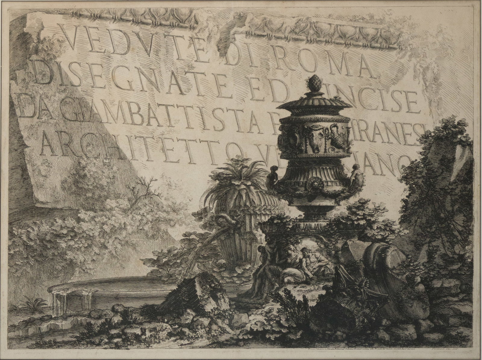 After Giovanni Battista Piranesi, Italian 1720-1778, Frostispiece from "Vedute di Roma", Etching: After Giovanni Battista Piranesi Italian 1720-1778 Frostispiece from "Vedute di Roma" Etching From Views of Rome series. Sight: 16 3/4 x 22 1/4 in. (42.5 x 56.5 cm.), Frame: 28 x 33 1/4 in. (71.1 x 84