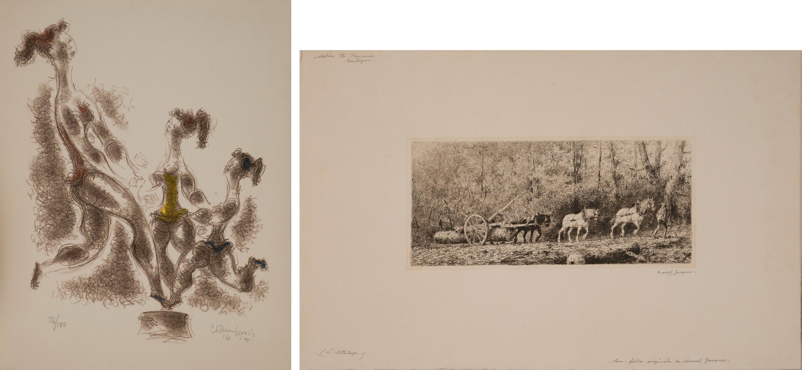 Chaim Gross, American/Austrian 1904-1991, Dance, Lithograph: Chaim Gross American/Austrian 1904-1991 Dance Lithograph Unframed, signed in pencil l.r. and numbered 76/100. Together with an etching by Marcel Jacque (French, 1906-1981) titled "L'attelage" (The Hit