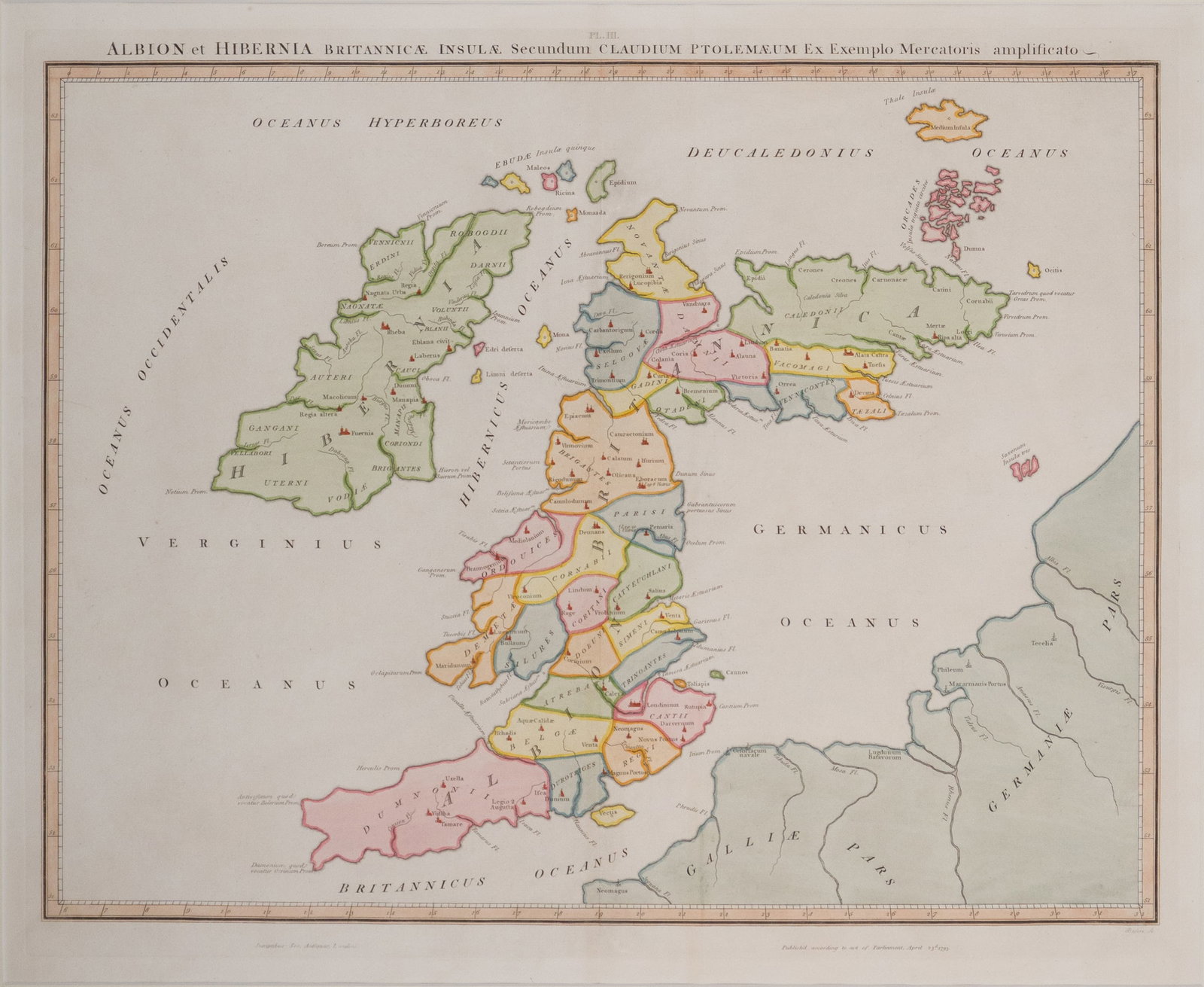 Engraved Map of Great Britain: Engraved Map of Great Britain Albion et Hibernia Britannicae. Creases. Sight: 19 1/4 x 23 1/4 in. (48.9 x 59.1 cm.), Frame: 27 1/4 x 37 3/4 in. (69.2 x 95.9 cm.)
