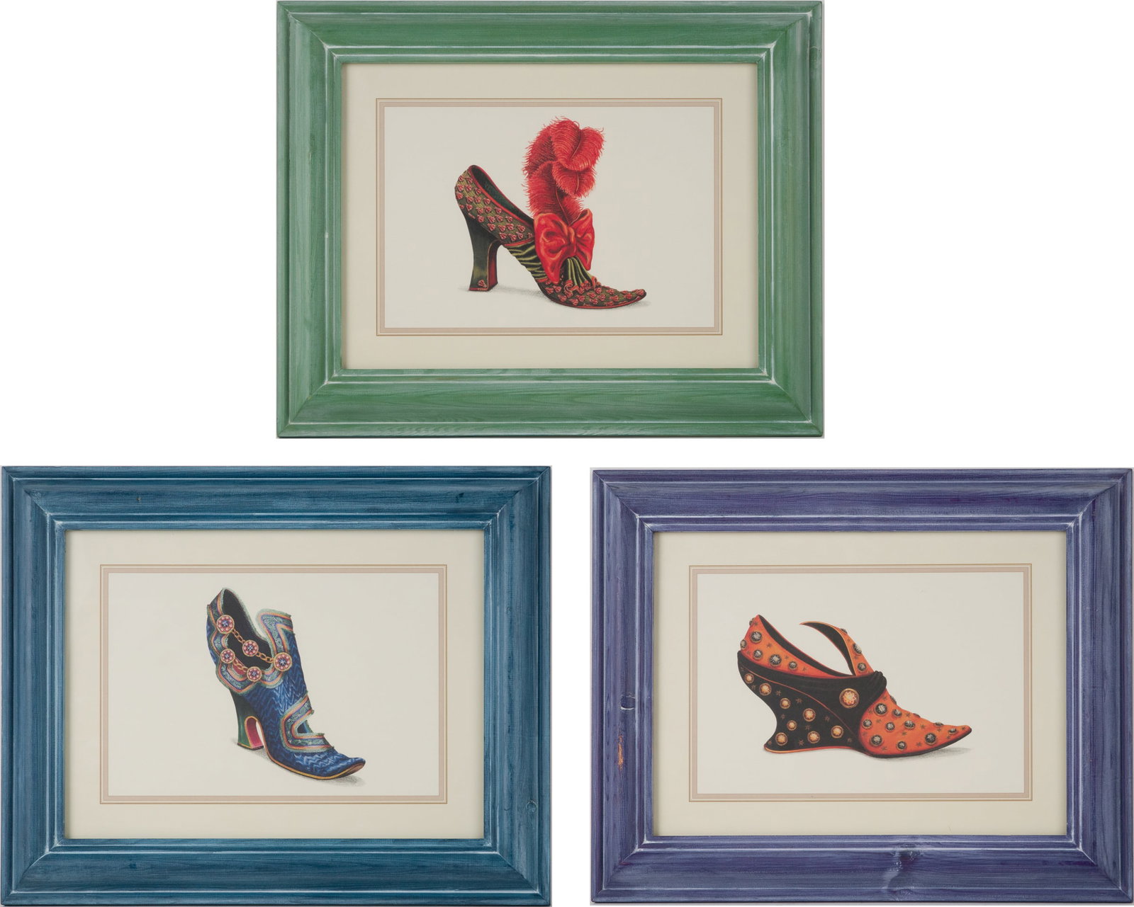 Three Decorative Pictures of Shoes, Prints: Three Decorative Pictures of Shoes Prints 20th/21st C. Sight: 6 1/4 x 9 1/4 in. (15.9 x 23.5 cm.), Frame: 12 1/4 x 15 1/4 in. (31.1 x 38.7 cm.)