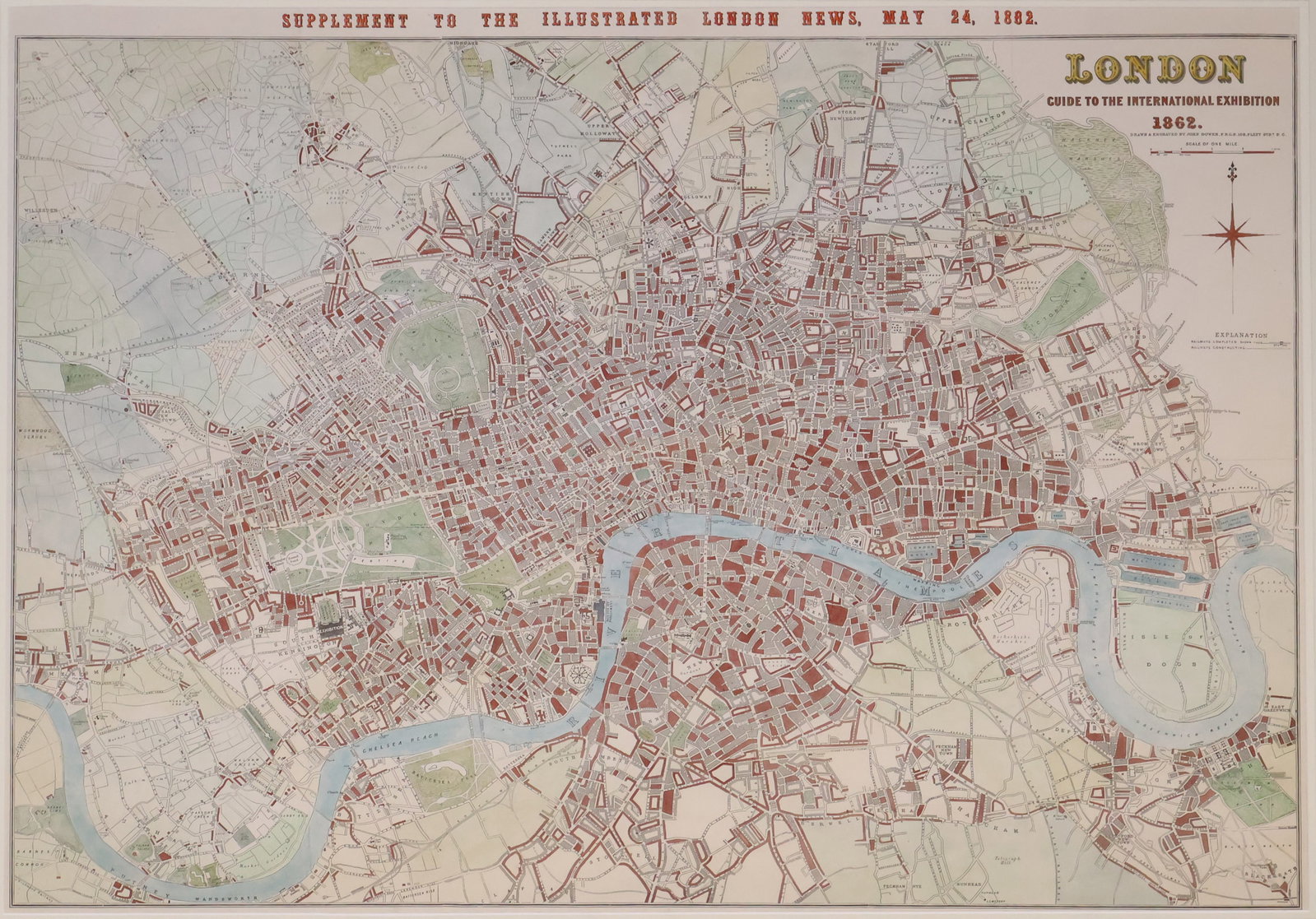 Map of London, Guide to the London International Exhibition 1862: Map of London, Guide to the London International Exhibition 1862 Supplement to the Illustrated London News, May 24, 1862, by John Dower. Sight: 30 x 42 in. (76.2 x 106.7 cm.), Frame: 40 x 52 in.