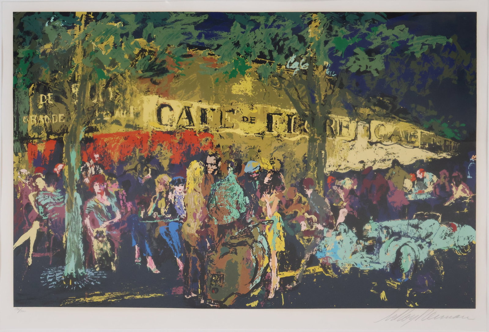 Leroy Neiman, 1921-2012, Cafe de Flore la Nuit, Serigraph: Leroy Neiman 1921-2012 Cafe de Flore la Nuit Serigraph Pencil signed and numbered in margin. Sight: 28 1/2 x 40 in. (72.4 x 101.6 cm.), Frame: 37 1/2 x 48 1/2 in. (95.3 x 123.2 cm.)