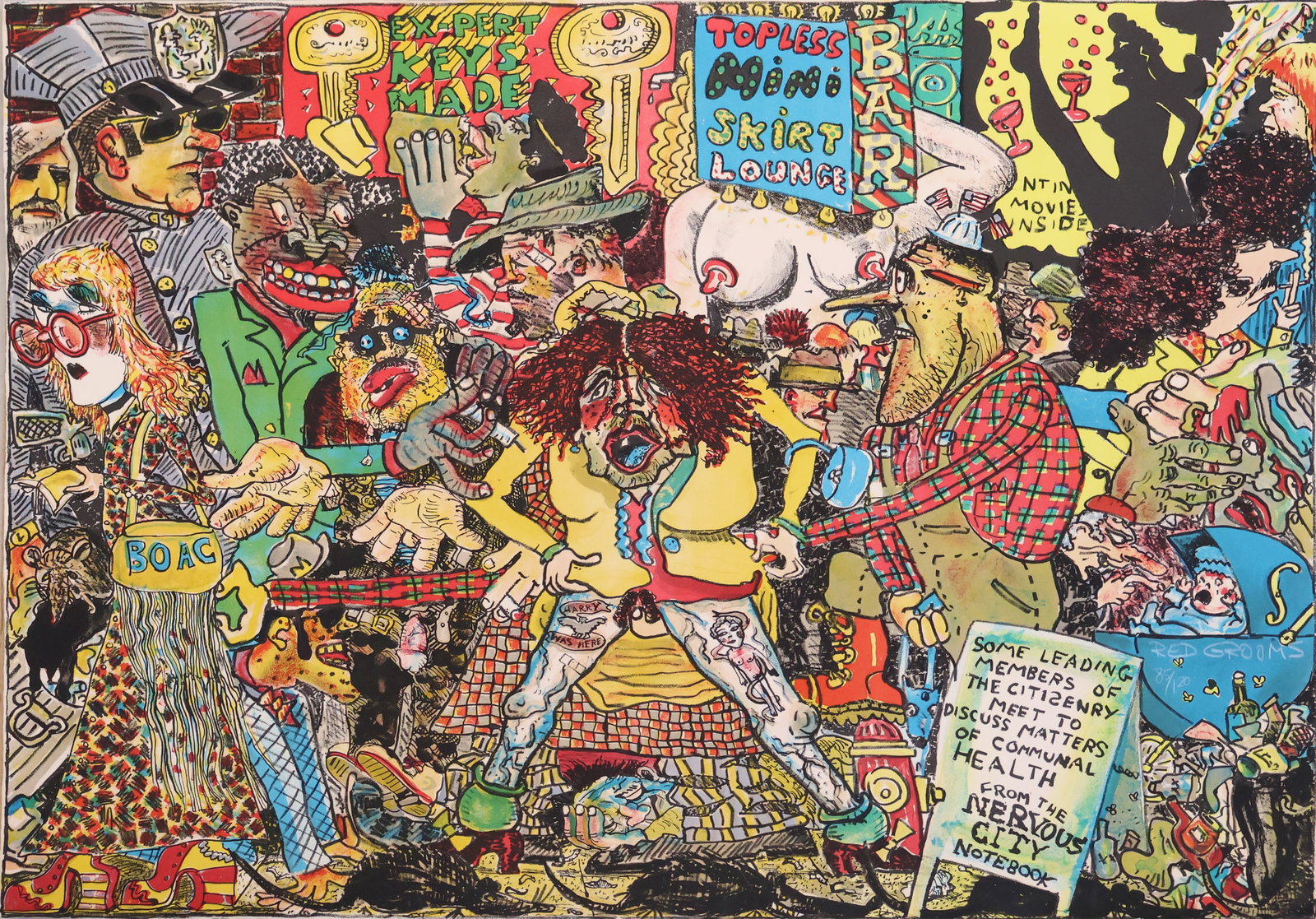 Red Grooms, American 1937, Nervous City, Color Lithograph: Red Grooms American 1937 Nervous City Color Lithograph 85/120,1971, Signed in white pen. Unframed. 22 x 30 in. (55.9 x 76.2 cm.) (b Nashville, TN, 1937) American Painter and Sculptor. Charles Rogers