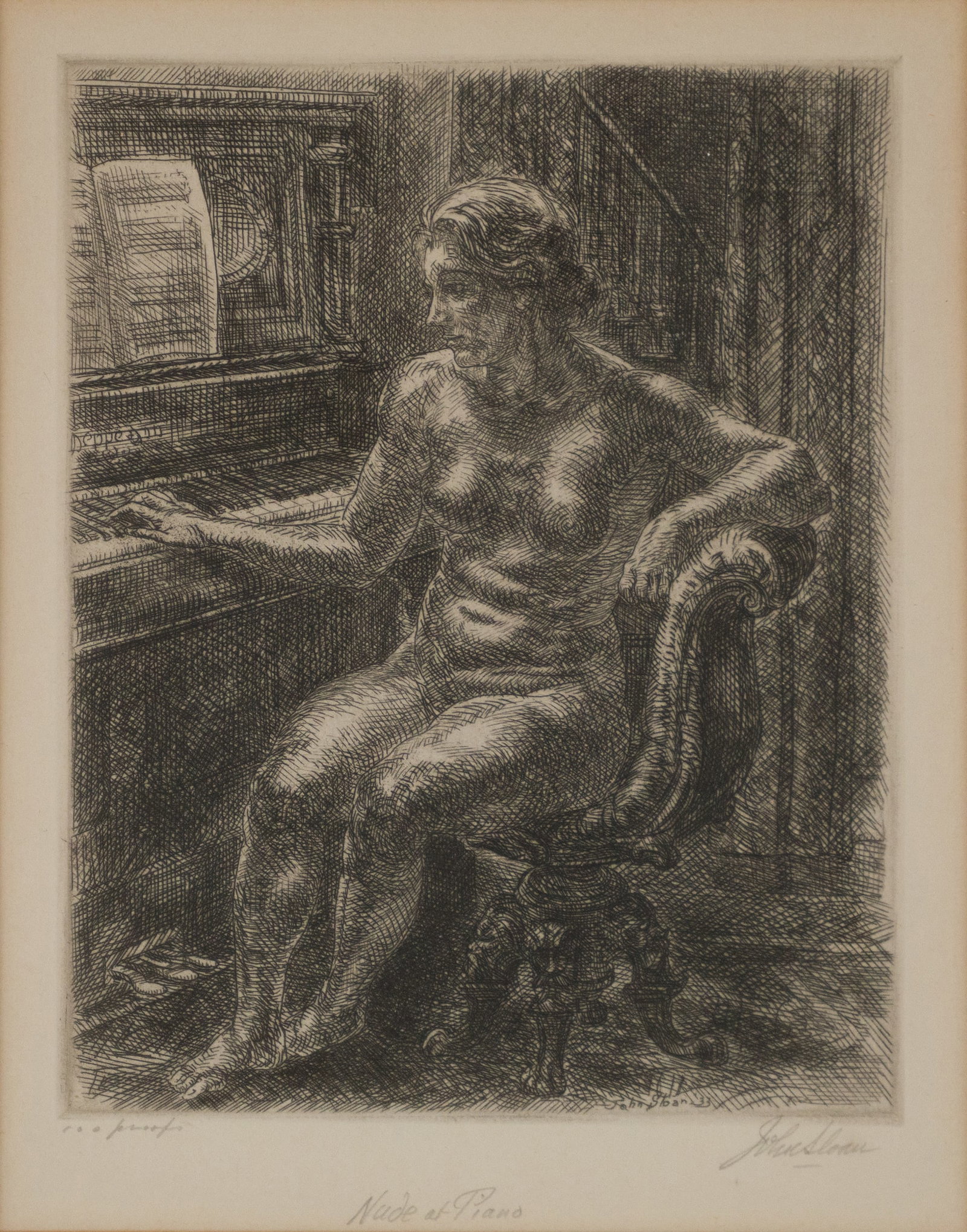 John Sloan, 1871-1951, Nude at Piano, Etching: John Sloan 1871-1951 Nude at Piano Etching Signed in pencil, lr, "100 proofs". Sight: 8 x 6 in. (20.3 x 15.2 cm.), Frame: 11 1/2 x 13 1/2 in. (29.2 x 34.3 cm.)