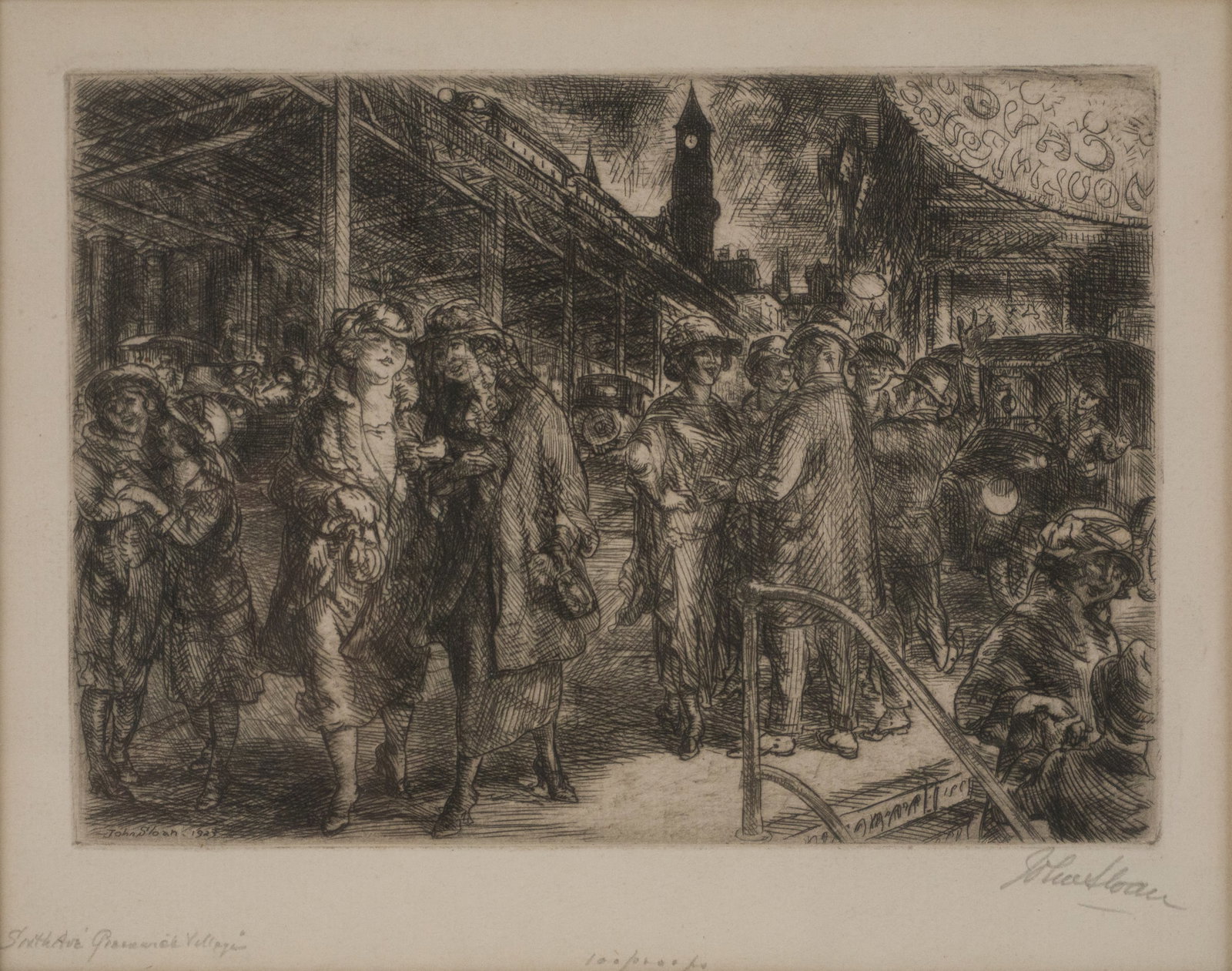 John Sloan, 1871-1951, Sixth Avenue, Greenwich Village, Etching: John Sloan 1871-1951 Sixth Avenue, Greenwich Village Etching Signed, lr, in pencil. Sight: 6 x 7 1/2 in. (15.2 x 19.1 cm.), Frame: 12 1/2 x 14 in. (31.8 x 35.6 cm.)