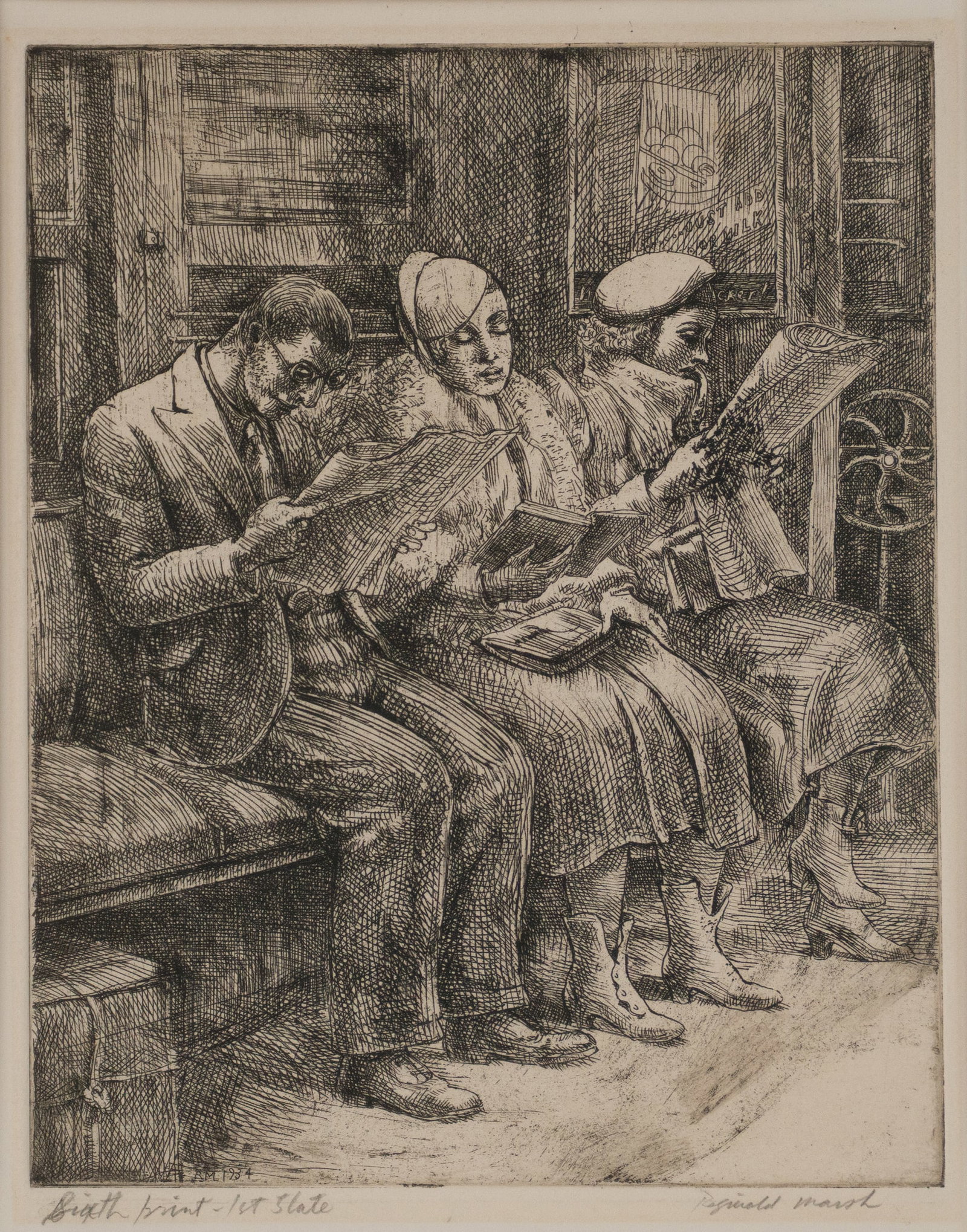 Reginald Marsh, 1898-1954, Three Figures Reading, Etching: Reginald Marsh 1898-1954 Three Figures Reading Etching Signed in pencil, lr, and "Sixth print 1st slate". Sight: 9 1/2 x 7 in. (24.1 x 17.8 cm.), frame 15 1/2 x 12 in. (39.4 x 30.5 cm.)