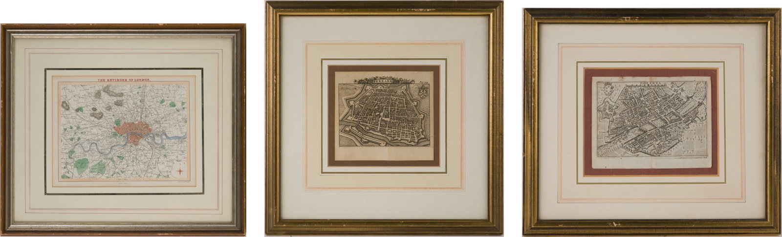Three Maps of European Cities, Engravings: Three Maps of European Cities Engravings One of Ferrare, one of Firenza, and one of The Environs of London. Largest Sight: 5 3/4 x 7 1/2 in. (14.6 x 19.1 cm.), Frame: 14 1/4 x 16 1/4 in. (36.2 x 41.3