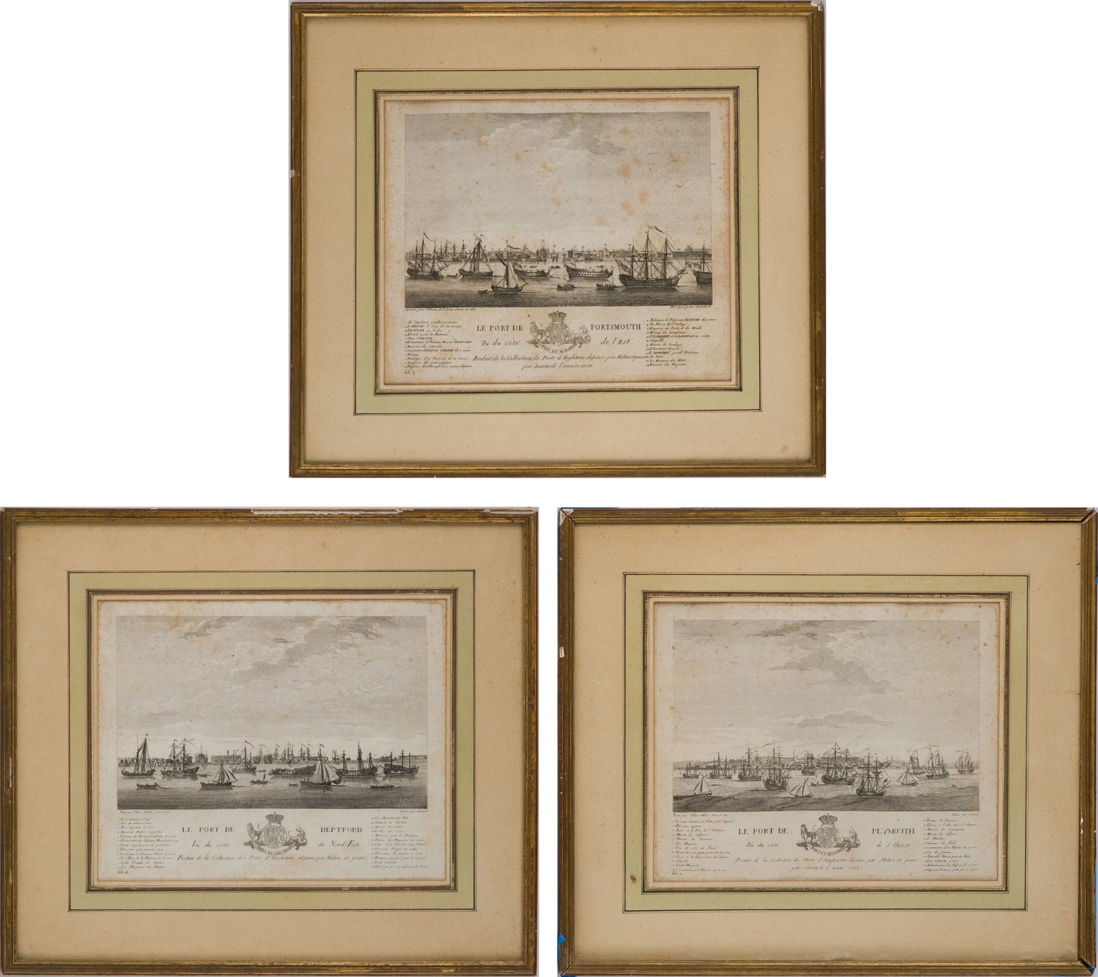 Thomas Milton, Three English Ports, Engravings: Thomas Milton Three English Ports Engravings "Le Port de Portsmouth", "Le Port de Deptford", and "Le Port de Plymouth". Foxing, stains. Sight: 8 x 9 3/4 in. (20.3 x 24.8 cm.), Frame: 13 1/4 x 15 1/4