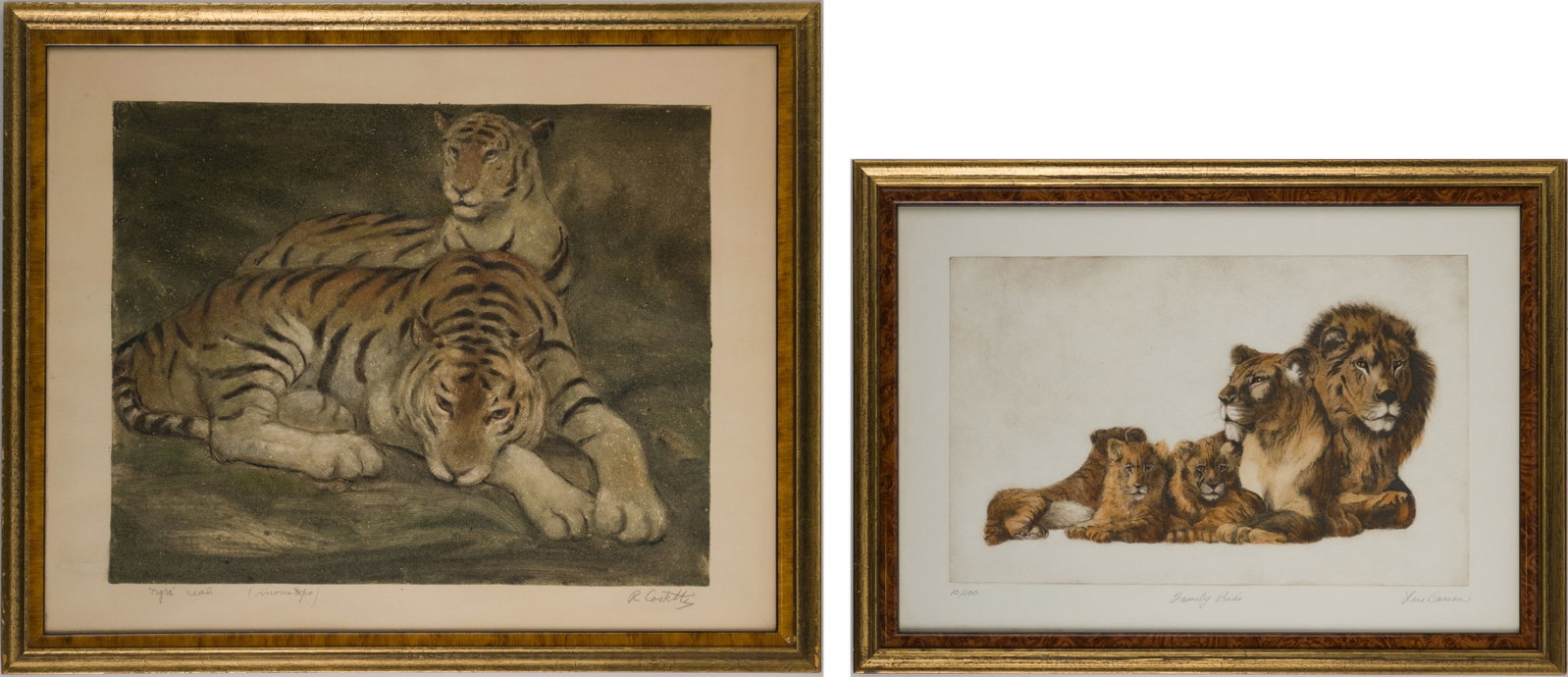Lois Carson, Family Pride, Engraving: Lois Carson Family Pride Engraving Signed, titled, and numbered 10/100 in pencil. Together with a monotype of tigers, signed "R. Costetti" in pencil. Sights: 19"h x 23 1/2"w and 14"h x 19 3/4"w,