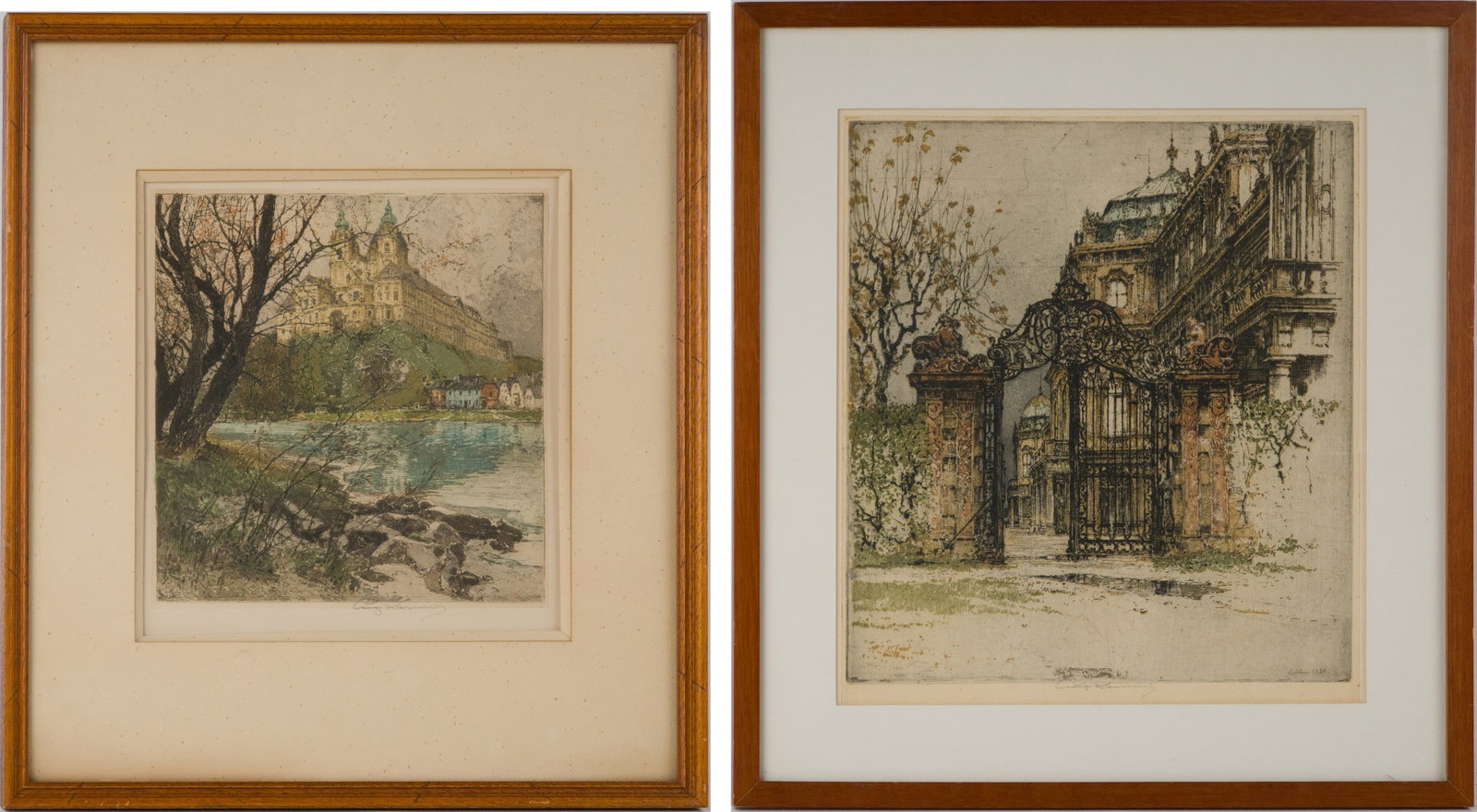 Luigi Kasimir, Hungarian/Austrian 1881-1962, Two Austrian Scenes, Engravings: Luigi Kasimir Hungarian/Austrian 1881-1962 Two Austrian Scenes Engravings Comprising, "Belvedere Palace Gate" and "Melk Monastery on the Danube", both signed in pencil l.r. Sights: 13 3/4"h x 12