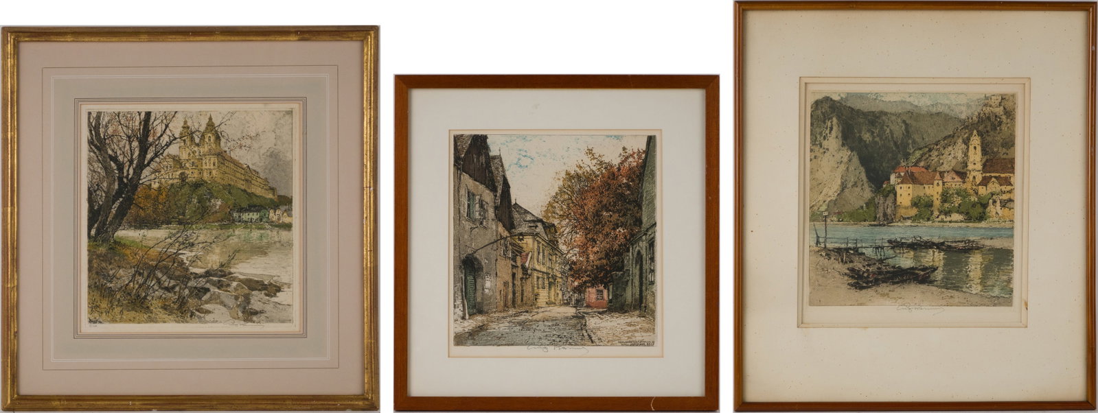 Luigi Kasimir, Hungarian/Austrian 1881-1962, Three Austrian Scenes, Engravings: Luigi Kasimir Hungarian/Austrian 1881-1962 Three Austrian Scenes Engravings Comprising, "Dunstein on the Danube", "Kahlenberger Strasse" and "Melk Monastery on the Danube", both signed in pencil l.r.