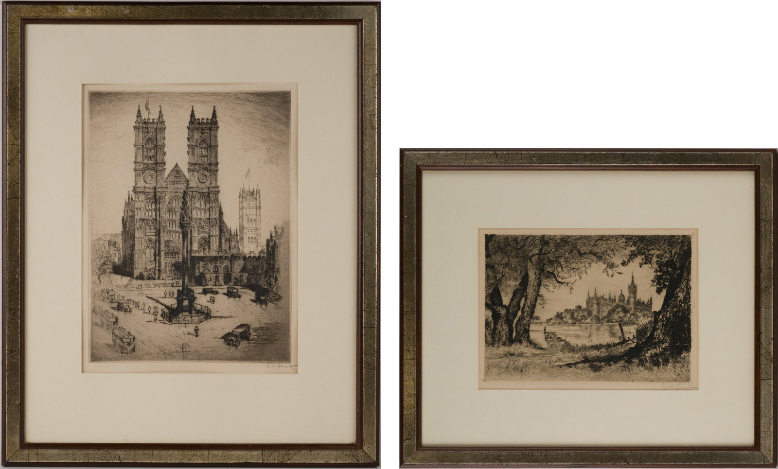 Anton Schutz, Two European Landscapes, Engravings: Anton Schutz Two European Landscapes Engravings One of Westminster Abbey and one of a Schwein Castle by a lake, both signed in pencil. Sights: 7 1/2"h x 9 3/4"w and 12 1/2"h x 9 1/2"w, Frames: 14