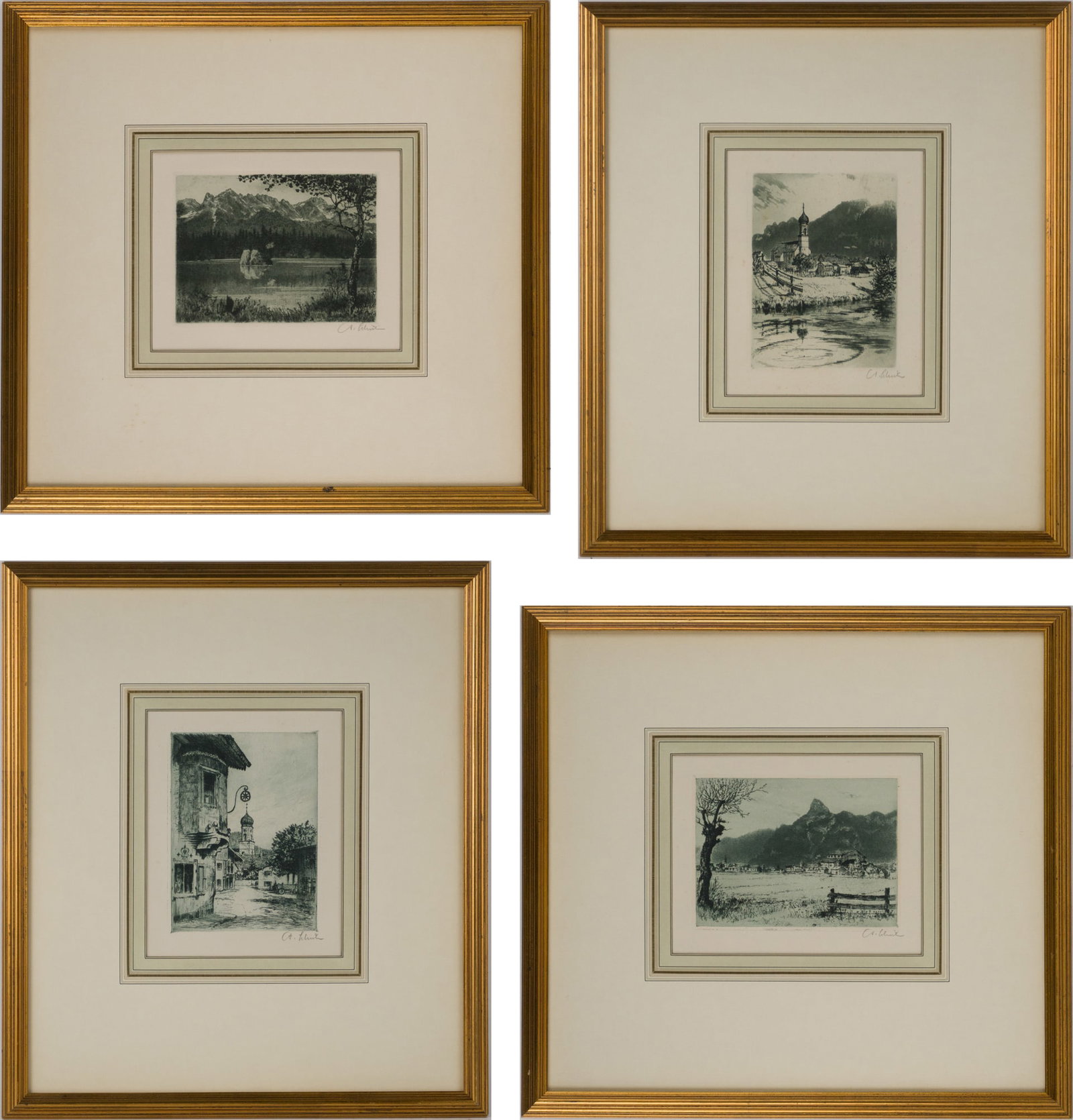 Anton Schutz, Four European Landscapes, Linotype Prints: Anton Schutz Four European Landscapes Linotype Prints Country and city scenes. Largest Sight: 6 1/4 x 7 3/4 in. (15.9 x 19.7 cm.), Frame: 16 x 17 in. (40.6 x 43.2 cm.)