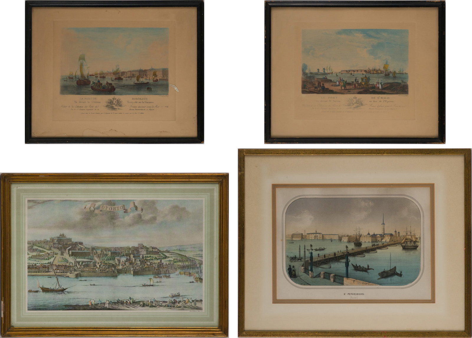 Four Port Landscapes, Prints: Four Port Landscapes Prints Comprising, "St. Petersbourg", "O Porto", "Le Port de St. Malo" and "Le Port de Bordeaux". Largest Sight: 9 3/4 x 15 in. (24.8 x 38.1 cm.), Frame: 13 3/4 x 19 1/4 in. (34.9