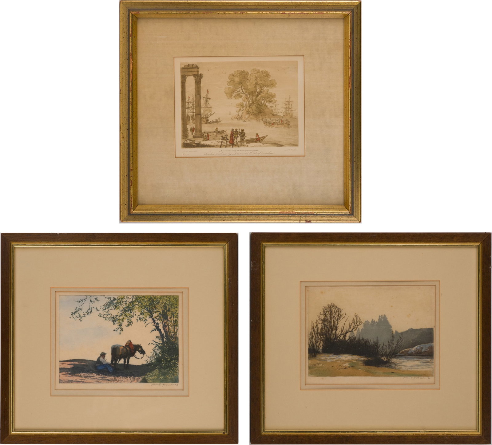 Hans Frank, 1884-1948, Two Landscapes, Woodcuts: Hans Frank 1884-1948 Two Landscapes Woodcuts One titled "Landschaft" the other of a man and horse under a tree, both signed in pencil. Together with a print after Claude Lorrain, from the Liber Verita