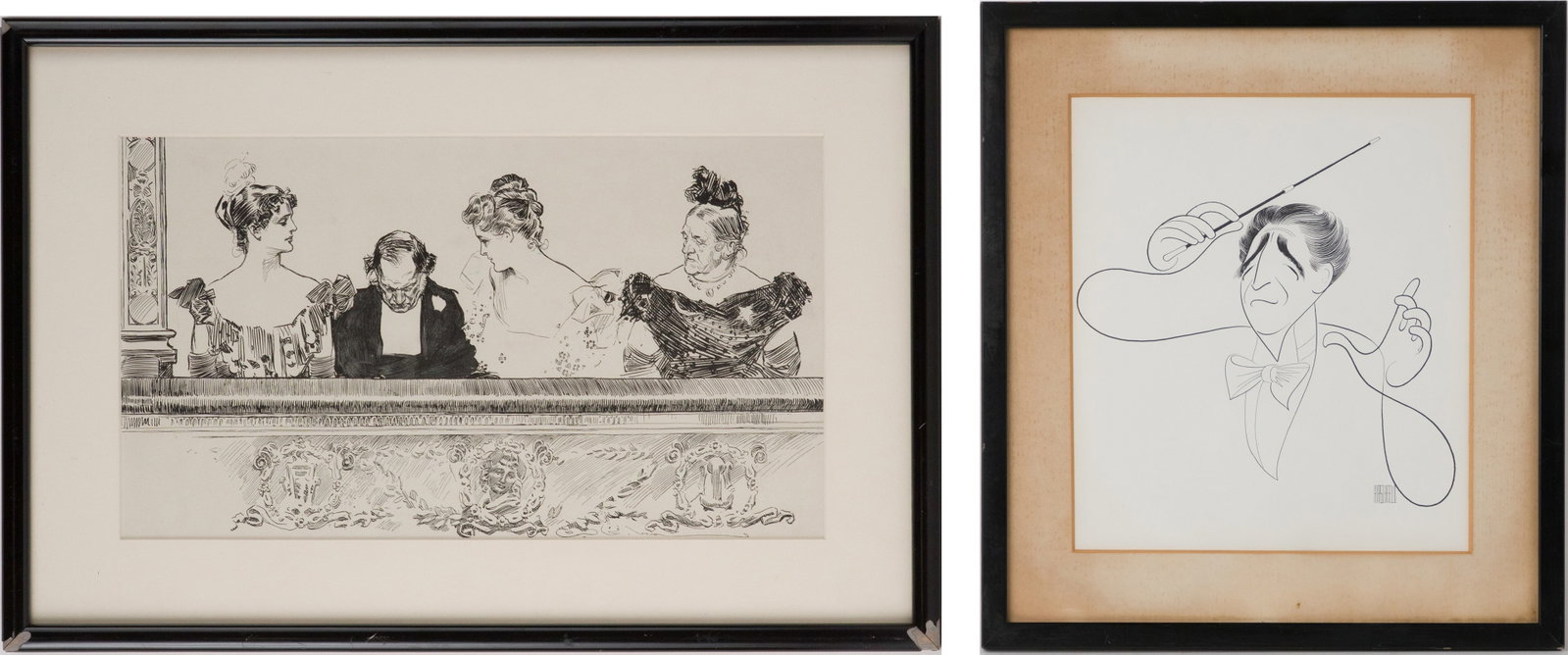 Albert Hirschfeld, American 1903-2003, Leonard Bernstein, Print: Albert Hirschfeld American 1903-2003 Leonard Bernstein Print Signed in the print l.r. Together with a print of "At the Opera" after Charles Dana Gibson. Sights: 9 1/4"h x 8 1/4"w and 8 1/4"h x 14