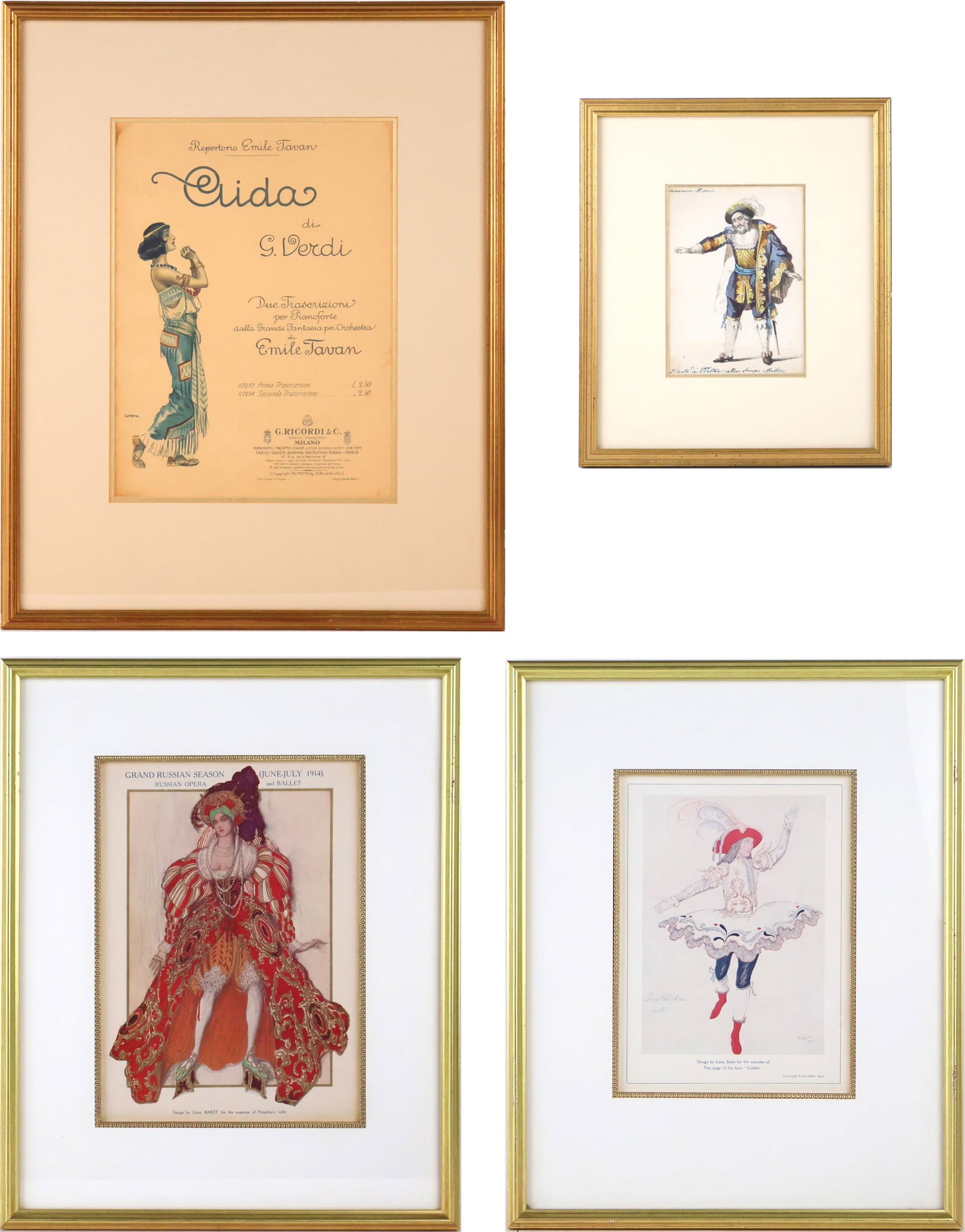 Four Opera and Theater, Prints: Four Opera and Theater Prints Comprising, a vintage piano transcription sheet music cover for Giuseppe Verdi's opera Aida, "Le page de la fee Colibri" a 1921 costume design by Leon Bakst, a costume