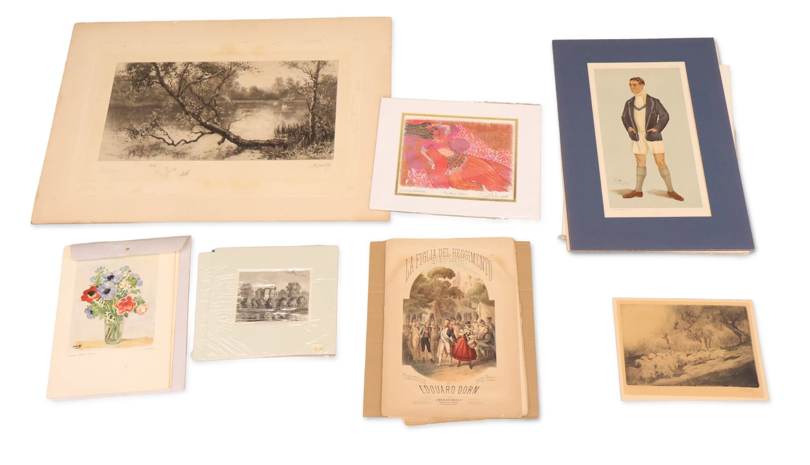 Group of Unframed Assorted Art: Group of Unframed Assorted Art Including, architectural engravings, floral prints, two Vanity Fair prints, and and engraving by J.E. Grace. Largest: 21 x 30 in. (53.3 x 76.2 cm.)