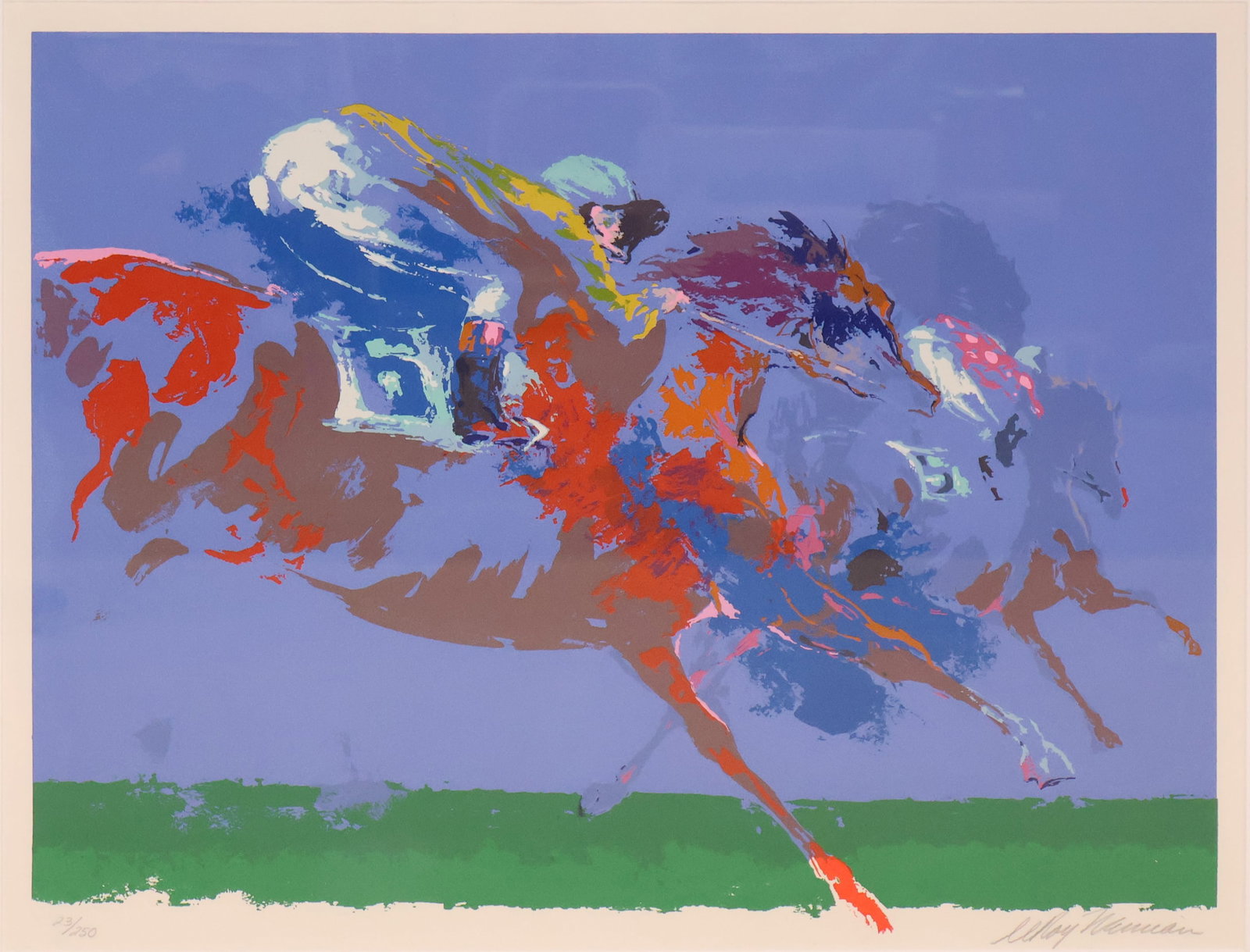 Leroy Neiman, 1921-2012, In the Stretch, Serigraph: Leroy Neiman 1921-2012 In the Stretch Serigraph Signed in pencil and numbered 23/250. Sight: 22 3/4 x 29 1/2 in. (57.8 x 74.9 cm.), Frame: 33 3/4 x 41 3/4 in. (85.7 x 106 cm.)