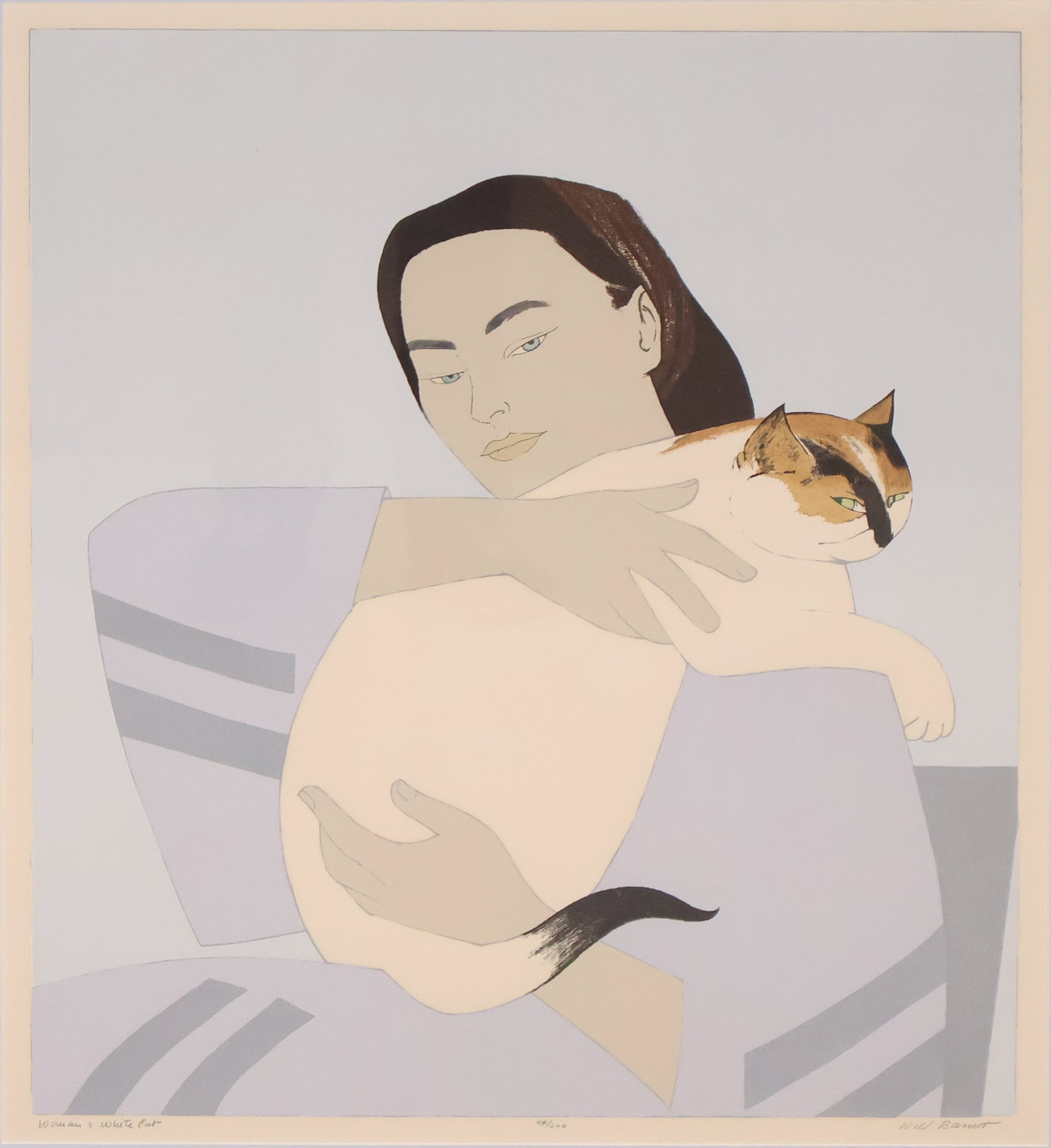 Will Barnet, 1911-2012, Woman and White Cat, Lithograph: Will Barnet 1911-2012 Woman and White Cat Lithograph Signed, titled, and numbered 44/200 in pencil. Sight: 24 1/4 x 21 in. (61.6 x 53.3 cm.), Frame: 35 1/4 x 29 1/4 in. (89.5 x 74.3 cm.)