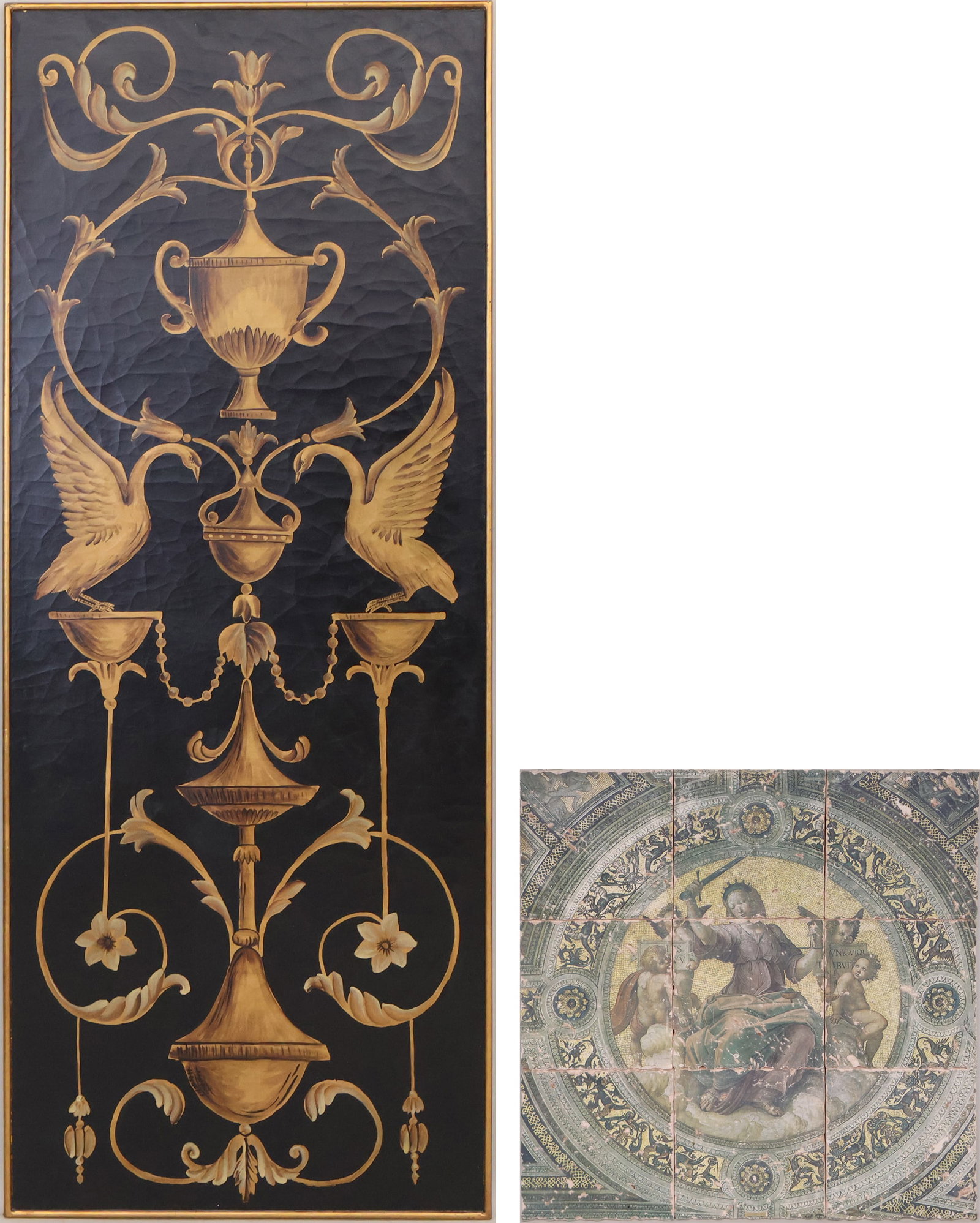 After Raphael's "Justice" Fresco, Print on Tile Wall Hanging: After Raphael's "Justice" Fresco Print on Tile Wall Hanging 20th C. Together with a Neoclassical style framed wall panel, 20th/21st century. 2 pieces. Provenance: Property from a Private New Jersey