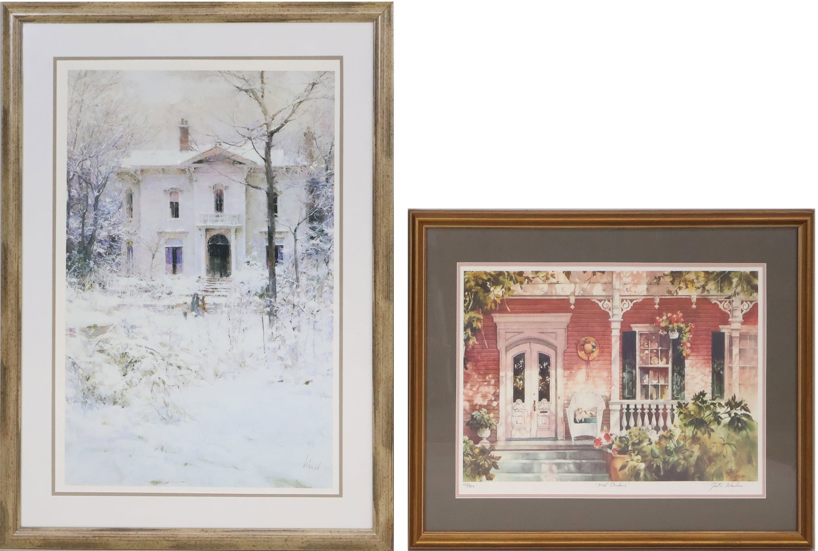 Two Framed Architectural, Prints: Two Framed Architectural Prints 20th/21st C. Comprising "Pink Shadows", by Gustave Wander, signed in pencil and numbered 122/450, and "Victorian Winter" After Richard Schmid. 2 pieces. Provenance: