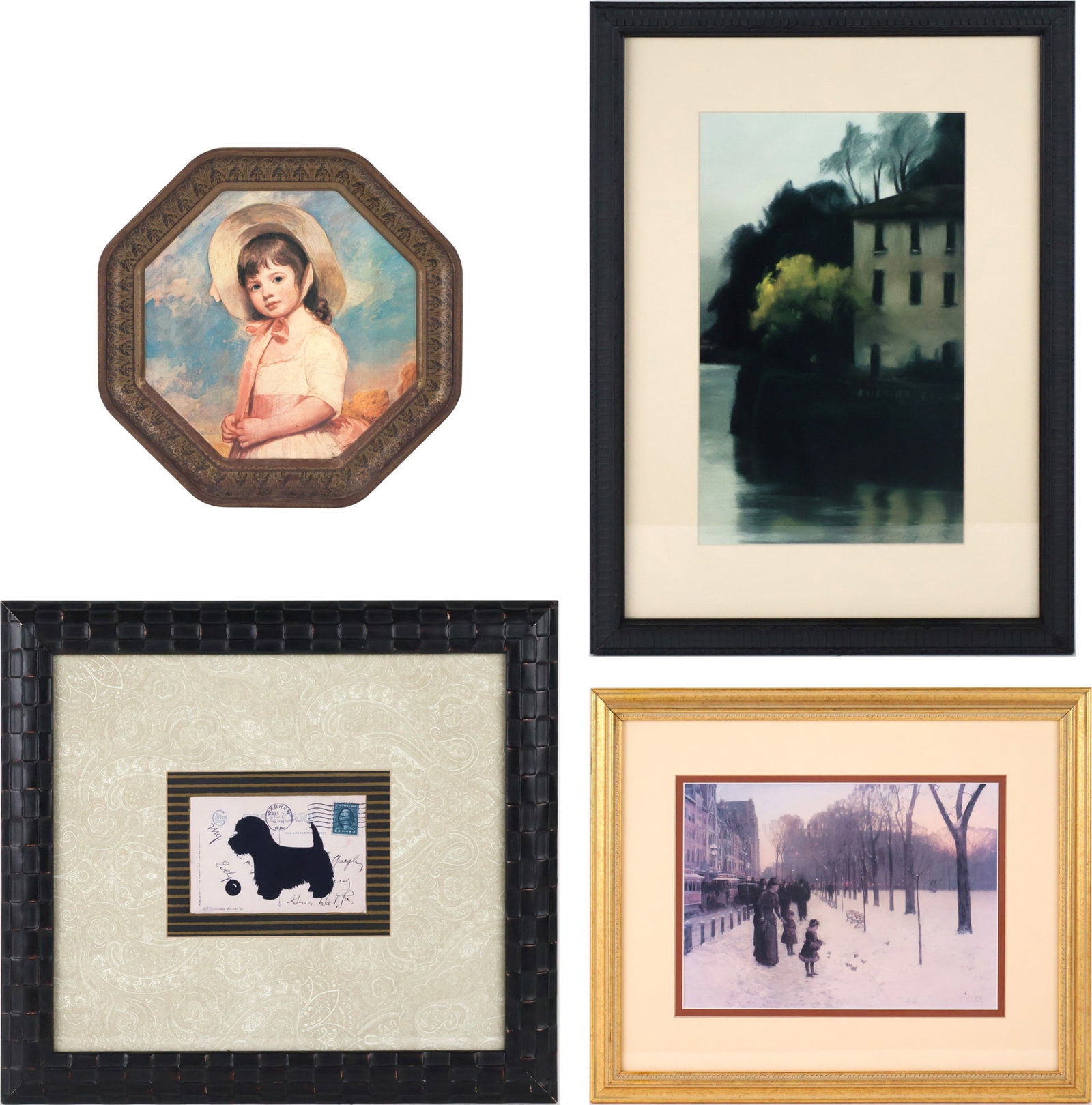Group of Three Framed, Prints: Group of Three Framed Prints Comprising a faux postcard with black westie silhouette by Nancy Shumaker Pallen, a print of Childe Hassan's "Boston Common at Twilight", and a print of "Menaggio, Lake