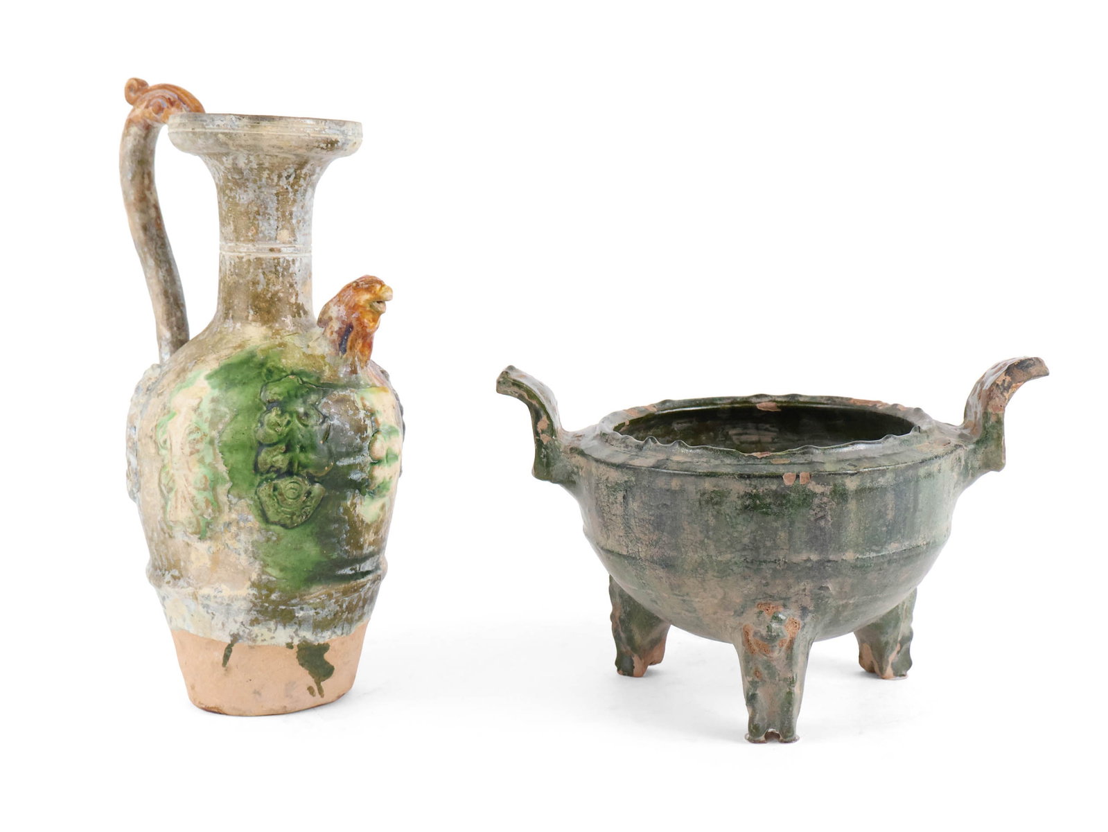 Two Chinese Han Dynasty Green Glazed Items: Two Chinese Han Dynasty Green Glazed Items Comprising, a jar and a vase. Vase: 12 in. (30.5 cm.)