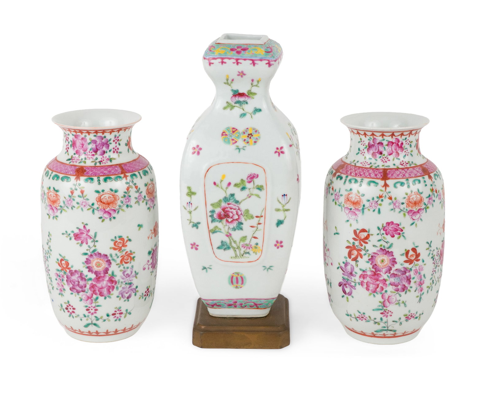 Group of Three Chinese Famille Rose Vases: Group of Three Chinese Famille Rose Vases Marked "China" and drilled on the bottom, later 19th C/Early 20th C. Highest with Stand: 12 in. (30.5 cm.)