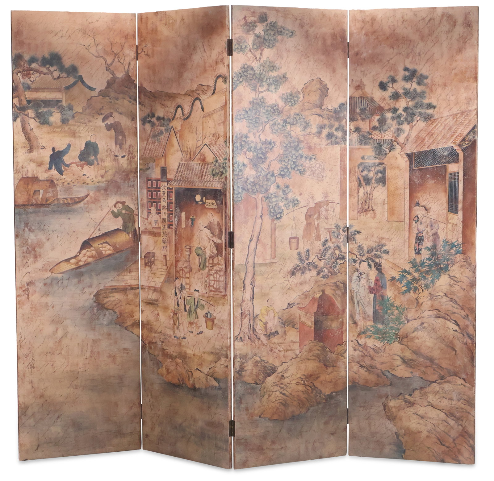 Chinese School Figured Painting on Four Panel Floor Screen: Chinese School Figured Painting on Four Panel Floor Screen Late 19th/early 20th C. Each Panel: 84 x 24 in. (213.4 x 61 cm.)