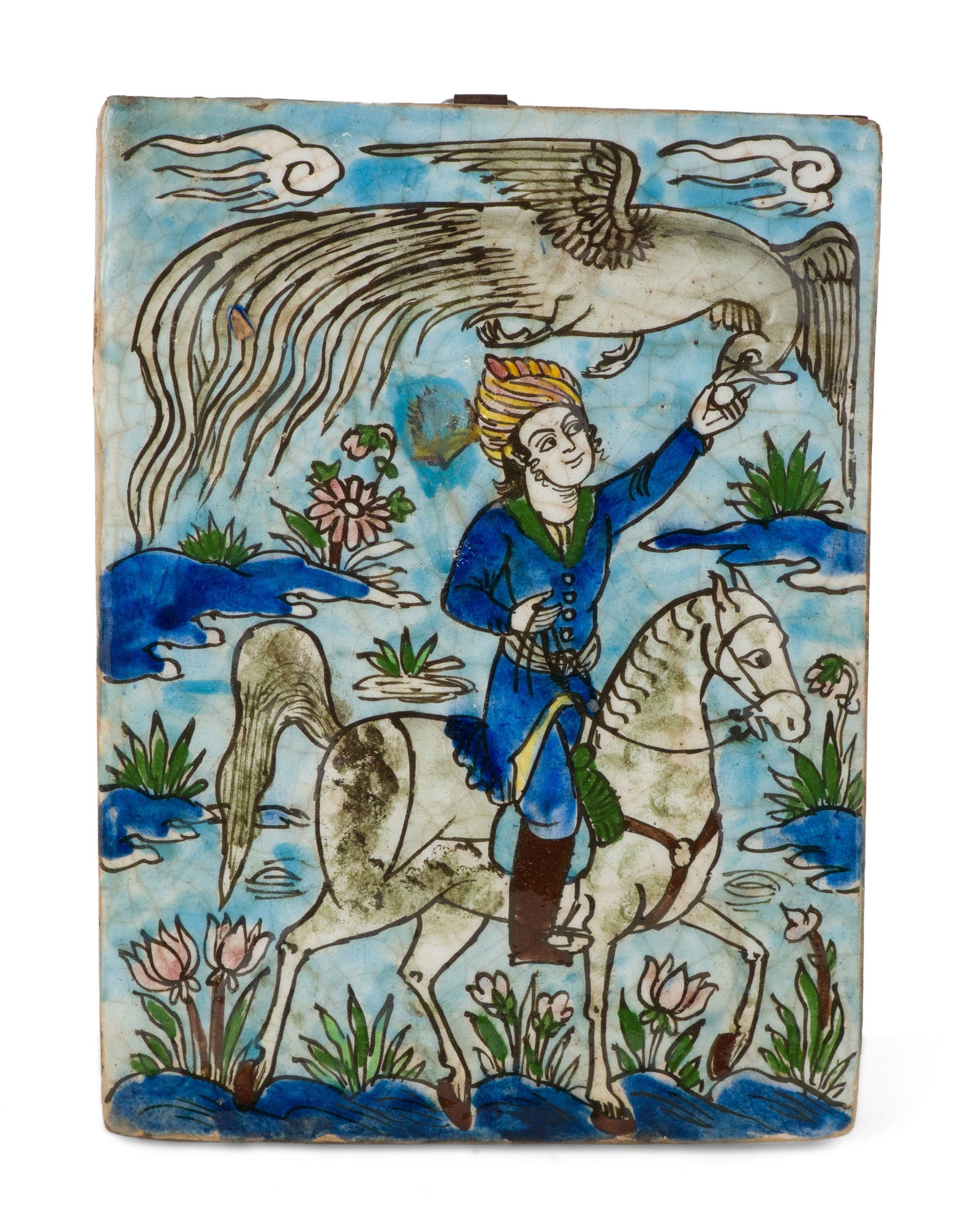 Probably a Persian Glazed Plaque in Polychrome: Probably a Persian Glazed Plaque in Polychrome Likely Qajar period. Late 19th C. 12 x 9 in. (30.5 x 22.9 cm.)