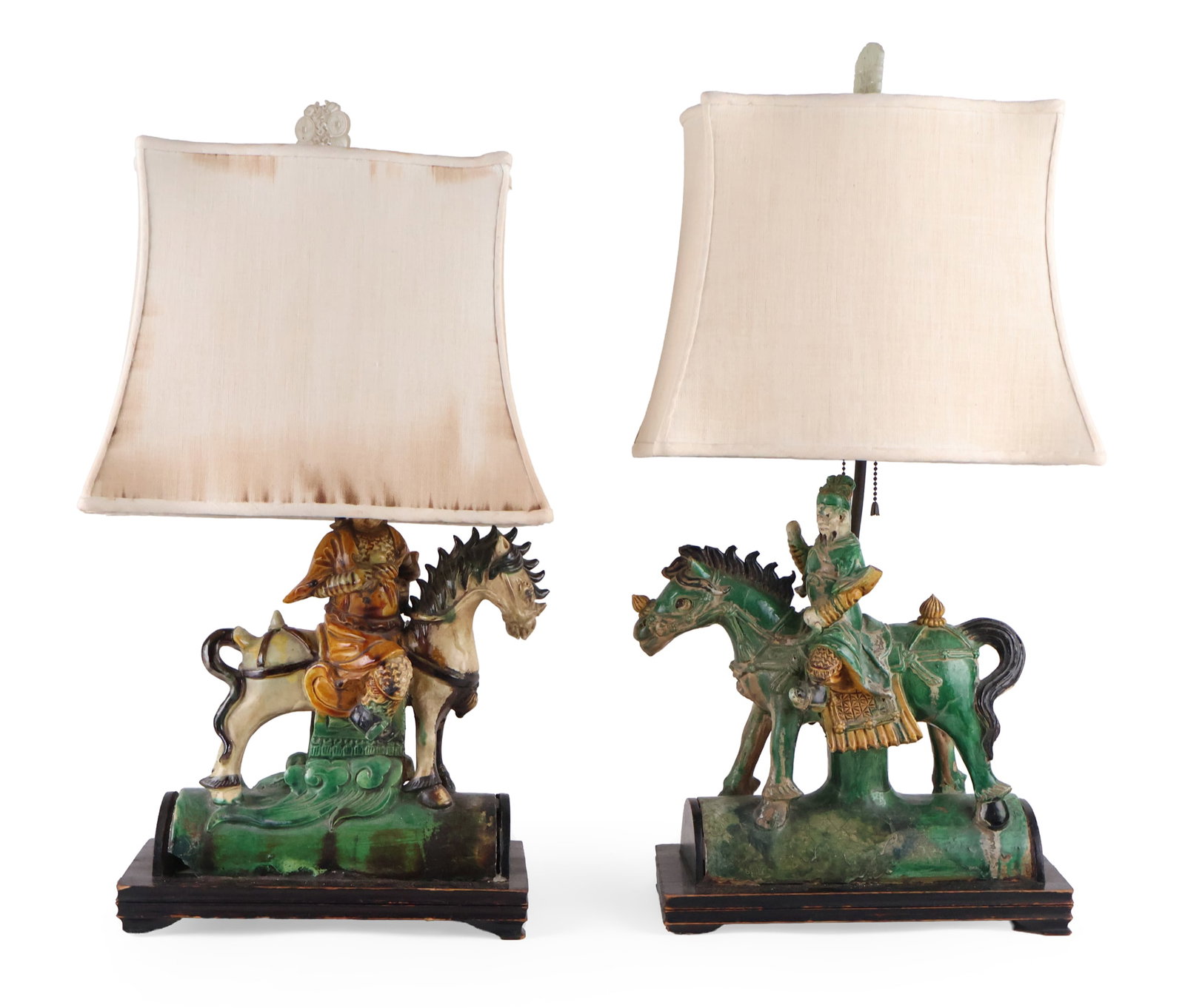 Pair of Chinese Glazed Earthenware Roof Tiles: Pair of Chinese Glazed Earthenware Roof Tiles Mounted as table lamps. Cracks, losses, surface distress. Provenance: Purchased by consignors grandparents from China in the 1930s. Overall: 26 x 12 3/4