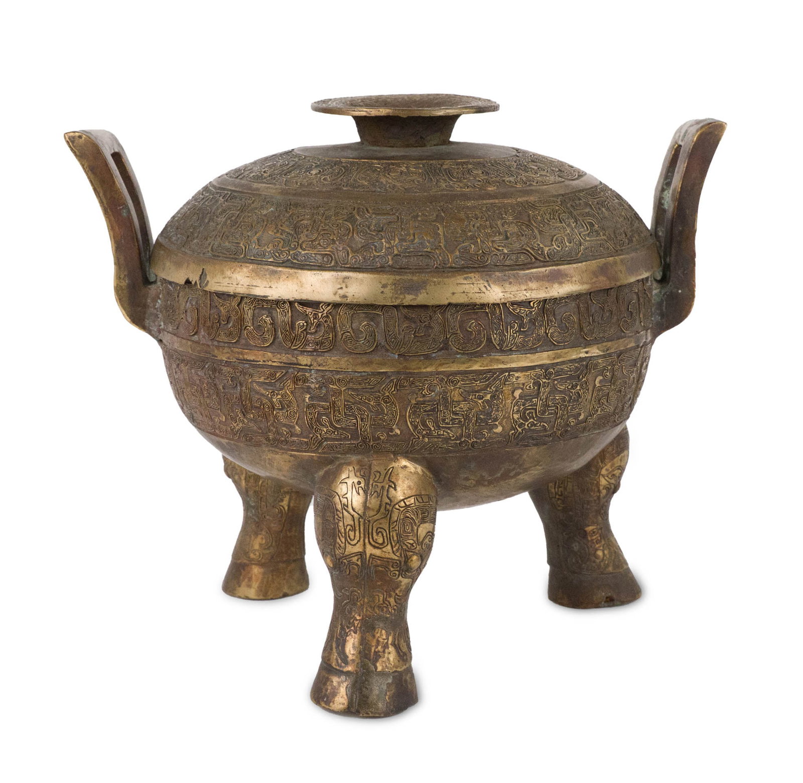 Chinese Archaic Style Bronze Ting: Chinese Archaic Style Bronze Ting Unmarked. 10 1/2 x 12 3/4 x 10 1/4 in. (26.7 x 32.4 x 26 cm.)
