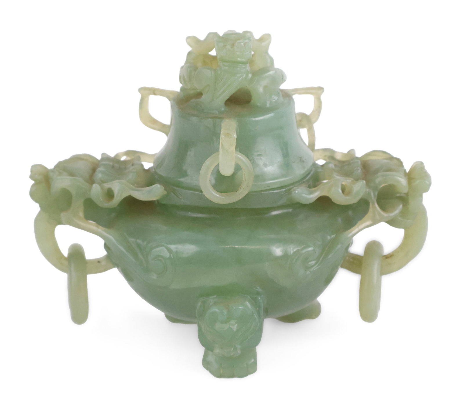 Chinese Jade Covered Censer: Chinese Jade Covered Censer With ring handles and dragon-form lid and handles. Some wear and losses. Provenance: Property from a Private New York and German Collector 6 x 7 1/2 x 4 1/2 in. (15.2 x