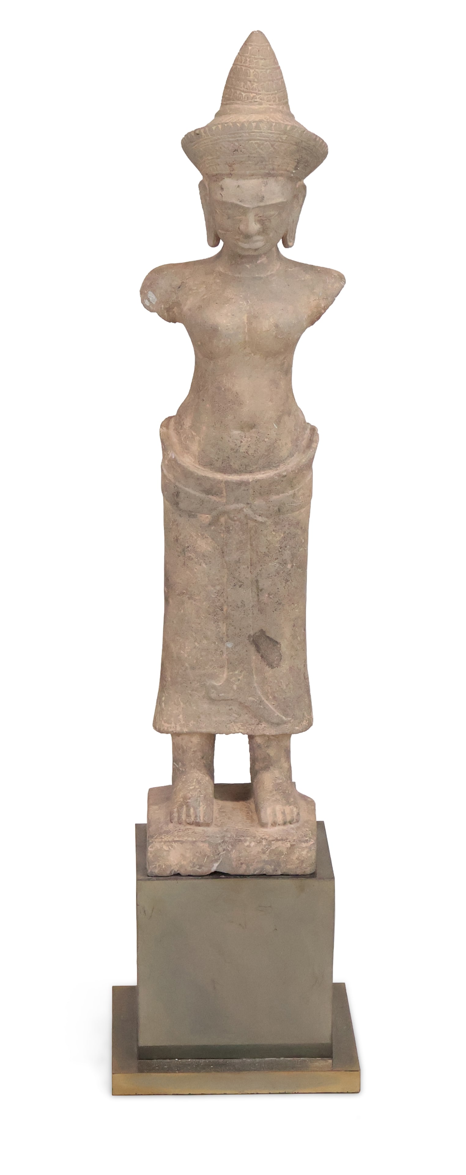 Khmer Style Sandstone Figure: Khmer Style Sandstone Figure Provenance: Acquired from Lek Galleries, Bangkok, Thailand, 13 December 1995 32 1/2 x 6 7/8 x 6 in. (82.6 x 17.5 x 15.2 cm.)