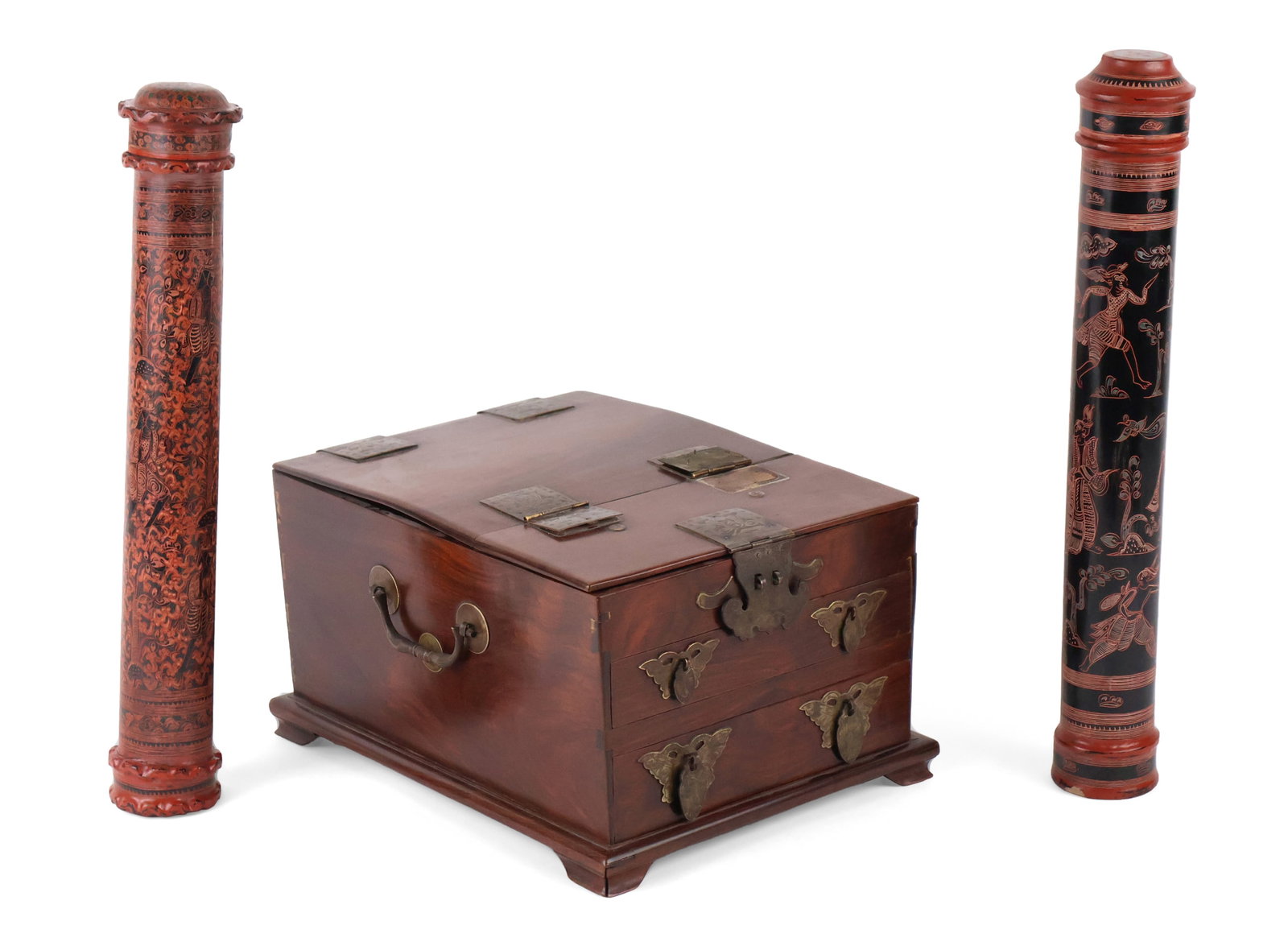 Chinese Hardwood Vanity Box: Chinese Hardwood Vanity Box Together with two lacquered scroll cases. 3 pieces 6 1/2 x 9 1/4 x 12 in. (16.5 x 23.5 x 30.5 cm.), Frame: 2 1/2 x 15 1/2 in. (6.4 x 39.4 cm.)