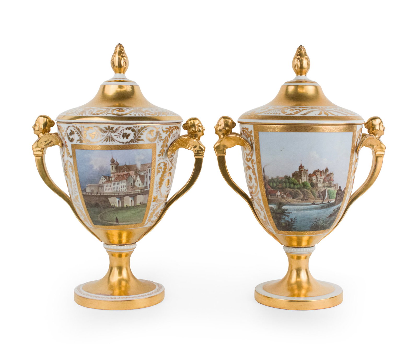 Two Similar Royal Vienna Porcelain Covered Urns: Two Similar Royal Vienna Porcelain Covered Urns Possibly depicting Iburg, a castle and monastery in Bad Iburg, Germany and the other possibly Albrechtsburg Castle, in Meissen, Germany. Provenance: