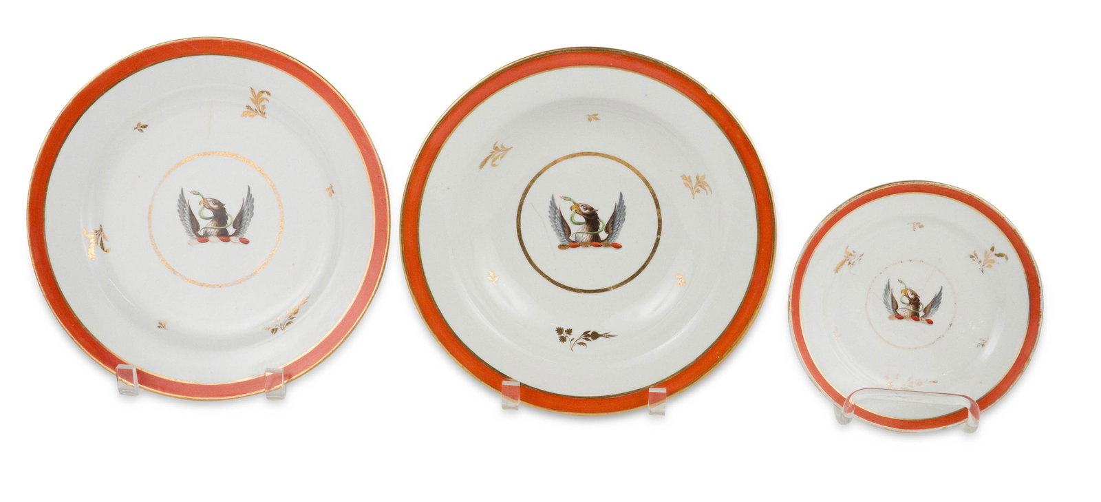 Group of Chamberlain Worchester Armorial Decorated Plates and Bowls: Group of Chamberlain Worchester Armorial Decorated Plates and Bowls First half 19th C. Comprising, 22 Dinner plates (9.5?) 10 with chips or cracks, 15 Soup Bowls (9.5?) 4 with chips or cracks, and 9