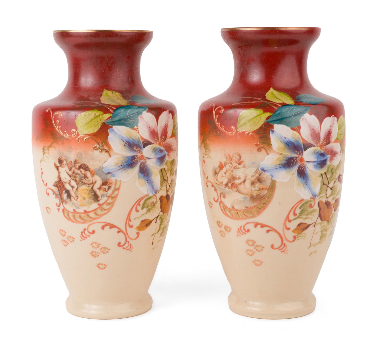Pair of Victorian Hand-Painted Bohemian Cream Glass Vases: Pair of Victorian Hand-Painted Bohemian Cream Glass Vases 19th C. The underside of one marked "2" and the other marked "4". Provenance Property from a Private New Jersey Collection 13 x 6 in. (33 x