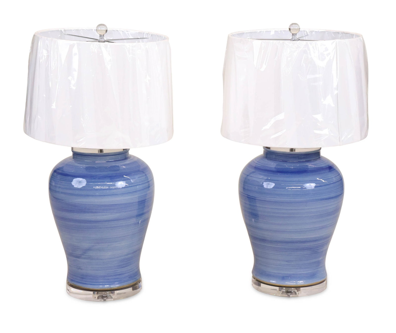 Pair of Modern Blue Striped Glass Table Lamps: Pair of Modern Blue Striped Glass Table Lamps 20th/21st C. 33 3/4 x 13 1/2 in. (85.7 x 34.3 cm.)