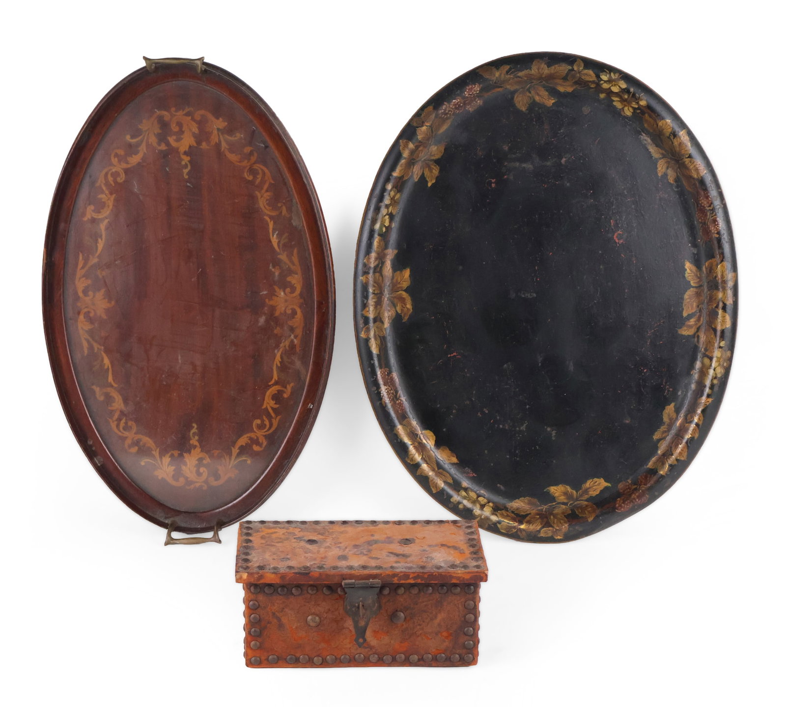 Painted Tole Tray: Painted Tole Tray Together with an inlaid double handled butler's tray and a leather covered box. 3 pieces Losses, wear, surface distress. Largest: 1 x 24 1/2 x 19 1/4 in. (2.5 x 62.2 x 48.9 cm.)