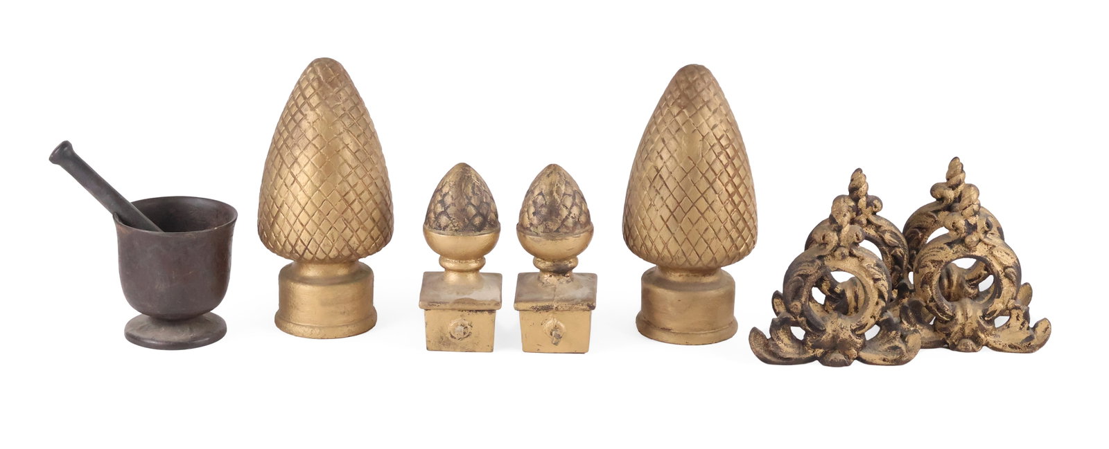Two Pairs of Gold Painted Iron Finials: Two Pairs of Gold Painted Iron Finials Together with four gold painted metal brackets and a mortar and pestle. 9 pieces Largest: 12 x 5 1/2 in. (30.5 x 14 cm.)